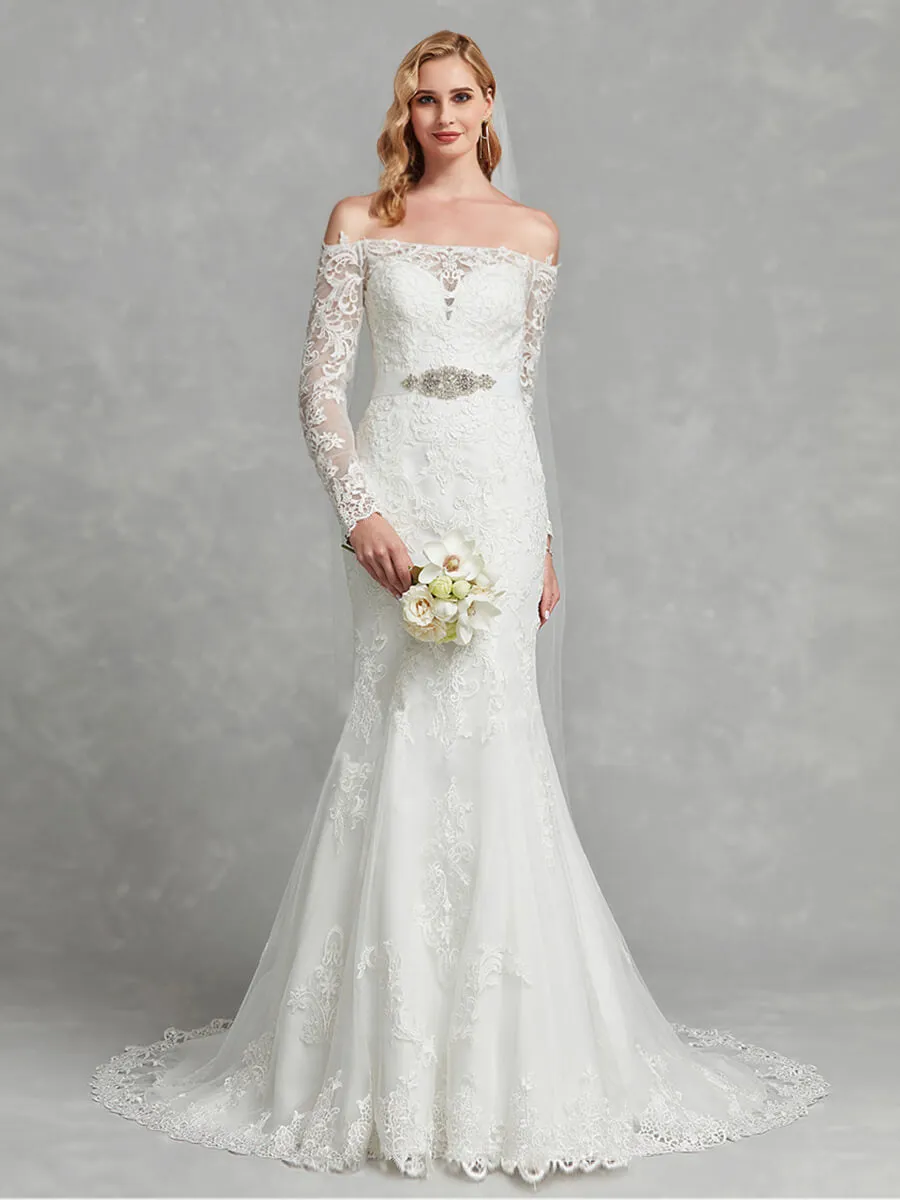 Long Sleeve Sheer Off-Shoulder Mermaid Lace Wedding Gown for Bridal
