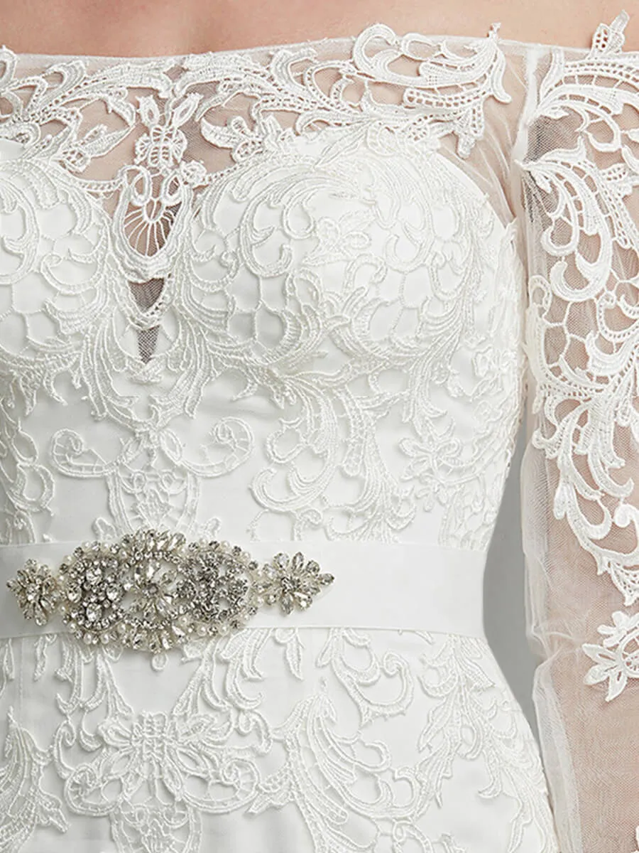 Long Sleeve Sheer Off-Shoulder Mermaid Lace Wedding Gown for Bridal