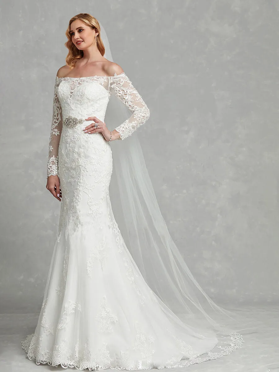 Long Sleeve Sheer Off-Shoulder Mermaid Lace Wedding Gown for Bridal