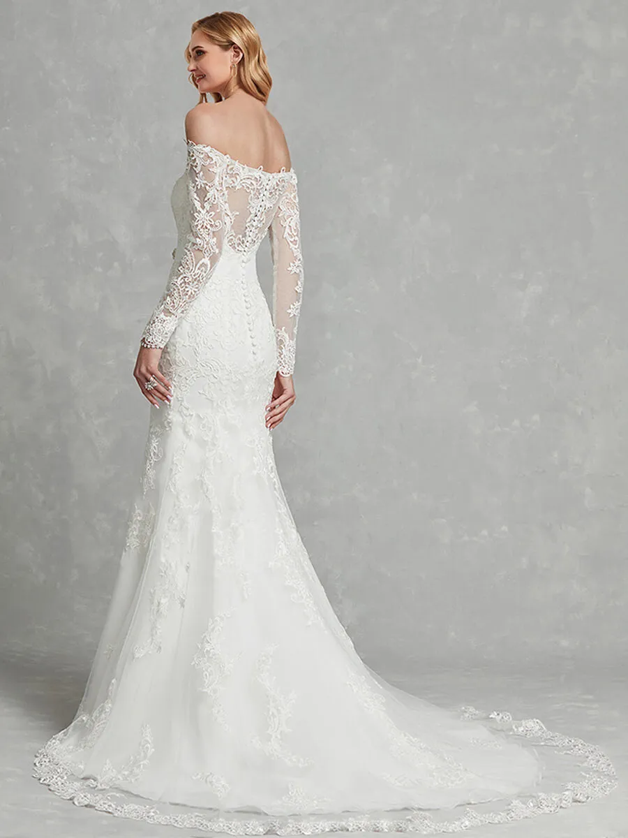 Long Sleeve Sheer Off-Shoulder Mermaid Lace Wedding Gown for Bridal