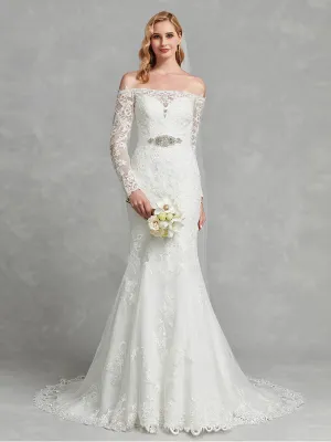 Long Sleeve Sheer Off-Shoulder Mermaid Lace Wedding Gown for Bridal