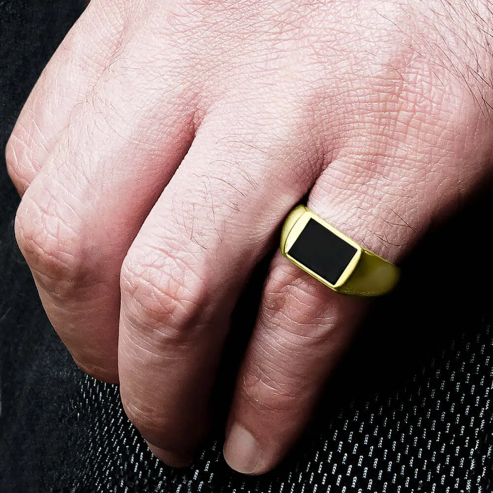 Men's 18k Solid Gold Ring with Natural Black Onyx Stone Signet Band