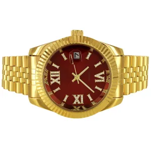 Mens Steel Red Face Roman Dial Automatic Date Watch