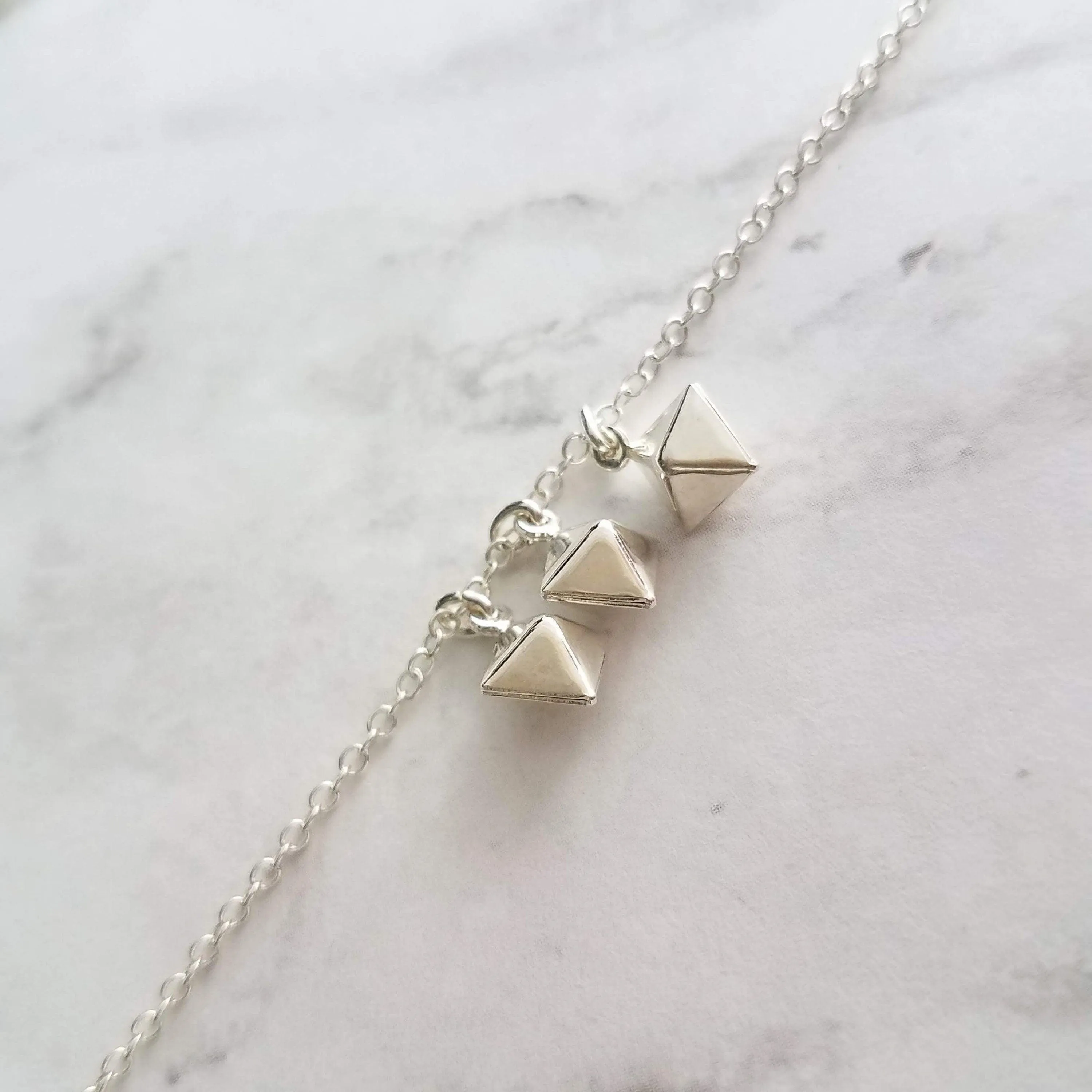 Minimalist Geometric Necklace - silver tiny double pyramid spear charm trio - small octahedron diamond shape charm dangle pendant jewelry