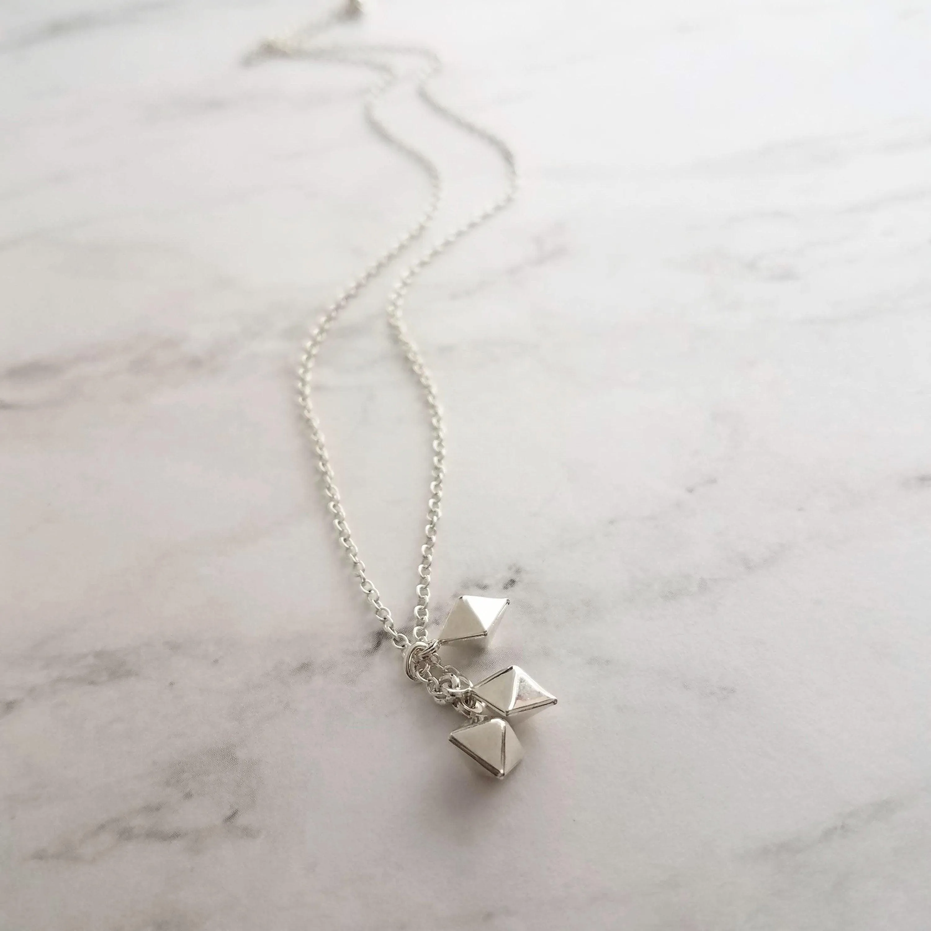 Minimalist Geometric Necklace - silver tiny double pyramid spear charm trio - small octahedron diamond shape charm dangle pendant jewelry