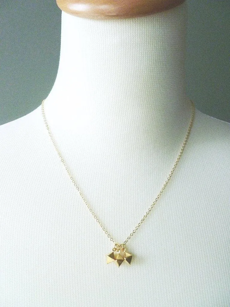 Minimalist Geometric Necklace - silver tiny double pyramid spear charm trio - small octahedron diamond shape charm dangle pendant jewelry