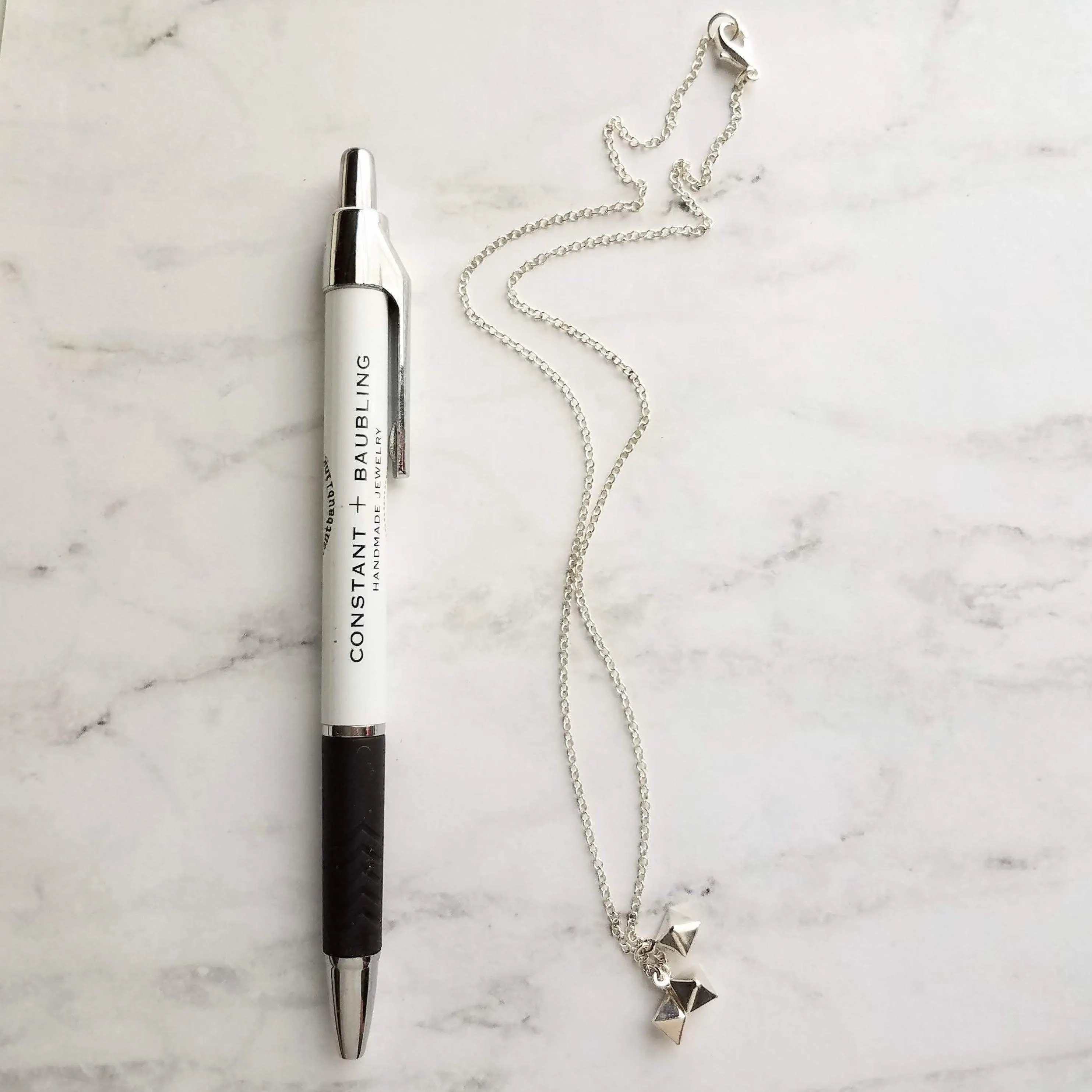 Minimalist Geometric Necklace - silver tiny double pyramid spear charm trio - small octahedron diamond shape charm dangle pendant jewelry