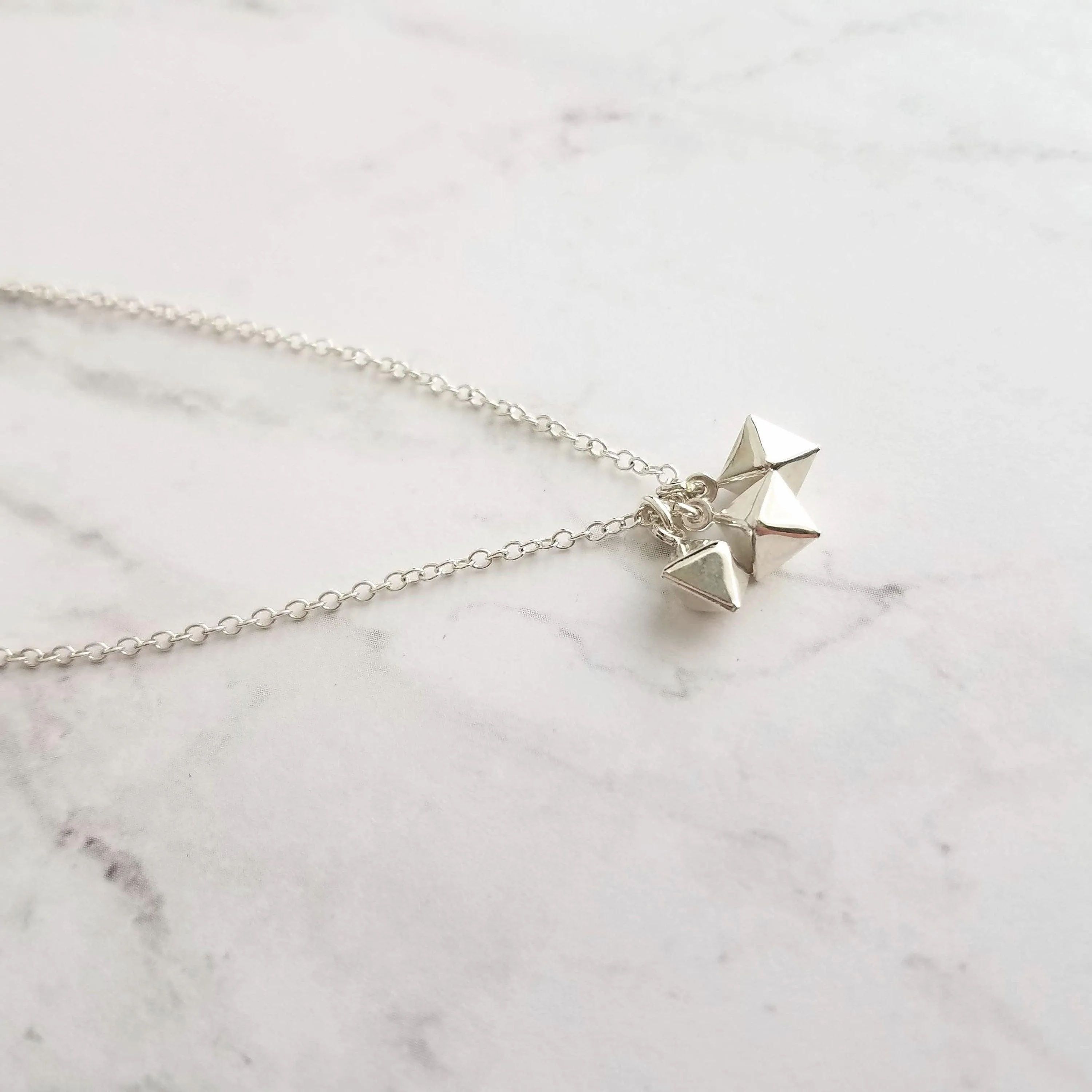 Minimalist Geometric Necklace - silver tiny double pyramid spear charm trio - small octahedron diamond shape charm dangle pendant jewelry