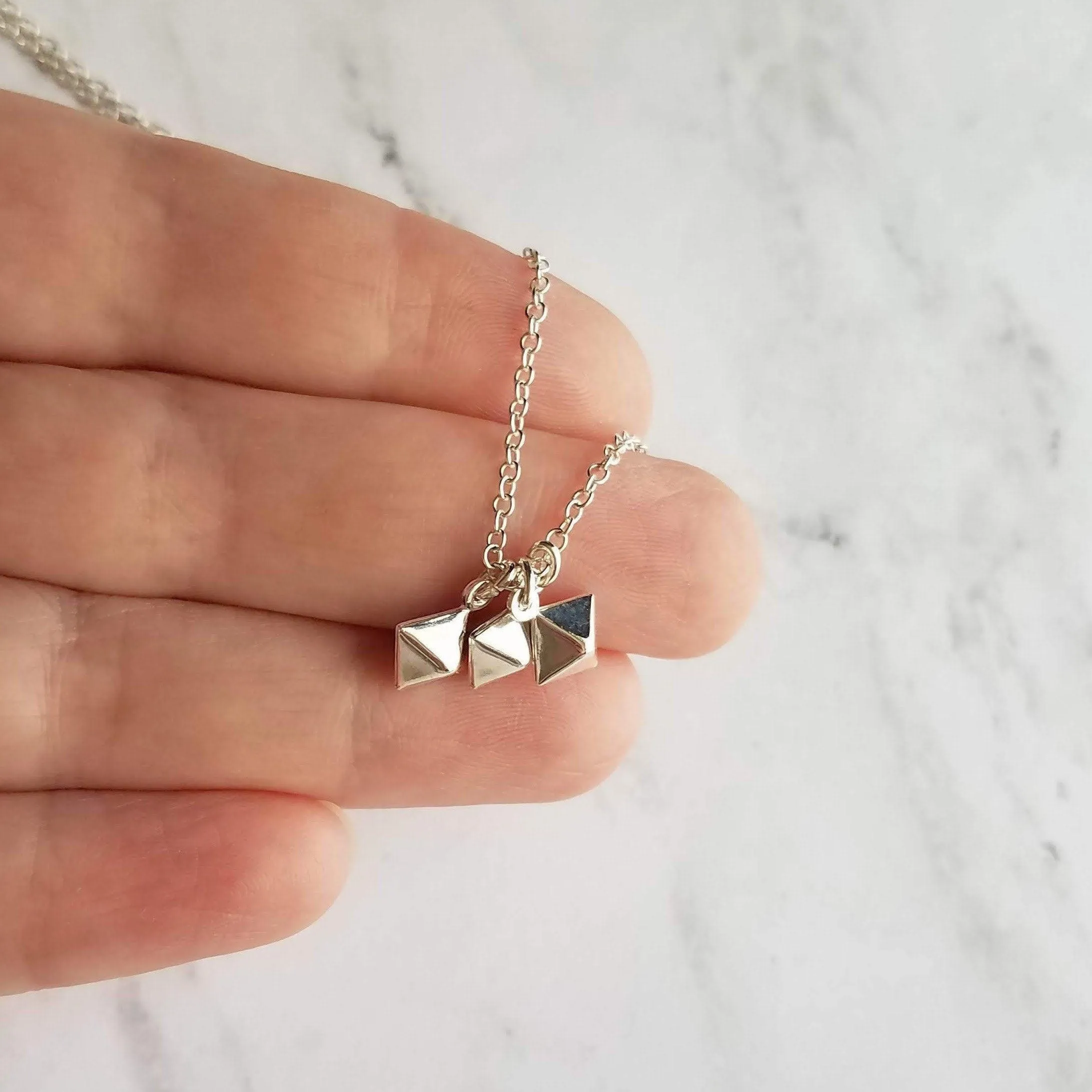 Minimalist Geometric Necklace - silver tiny double pyramid spear charm trio - small octahedron diamond shape charm dangle pendant jewelry