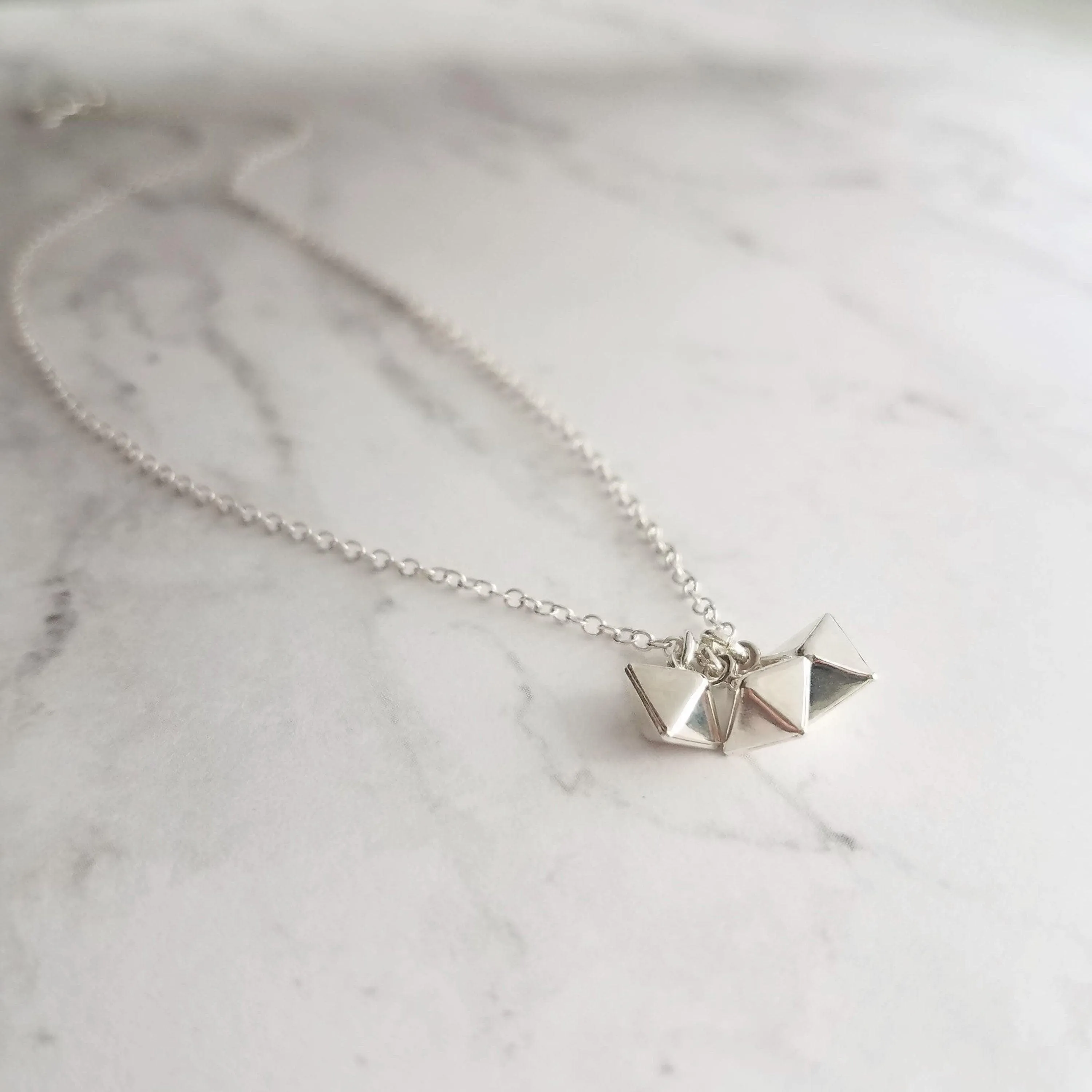 Minimalist Geometric Necklace - silver tiny double pyramid spear charm trio - small octahedron diamond shape charm dangle pendant jewelry