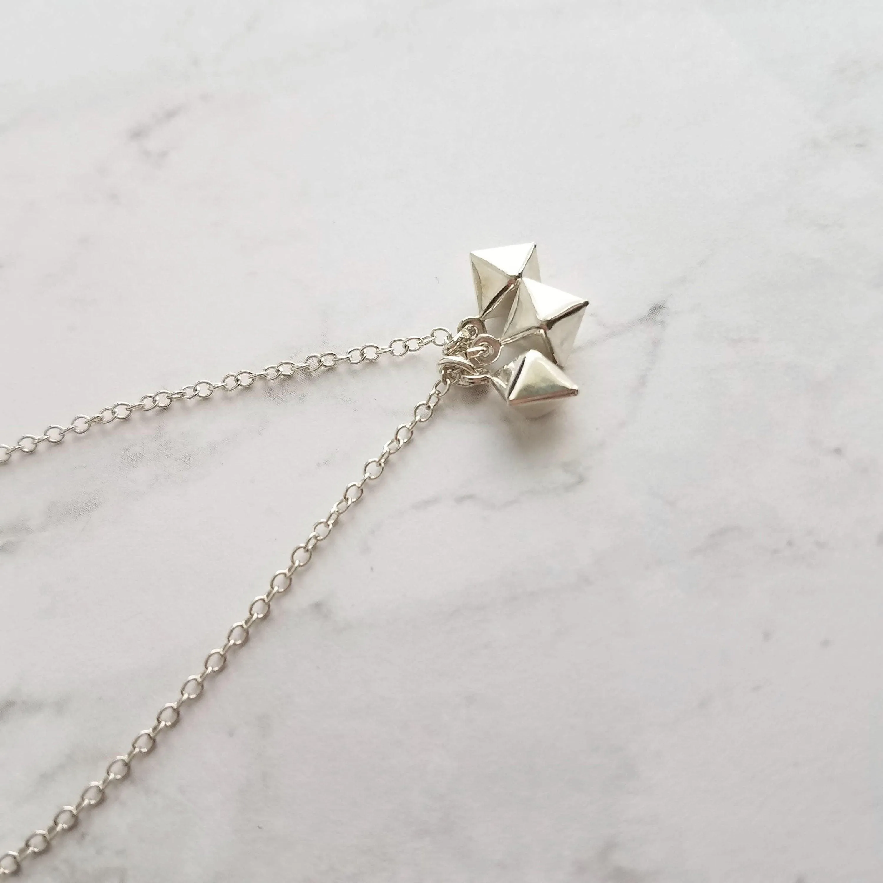 Minimalist Geometric Necklace - silver tiny double pyramid spear charm trio - small octahedron diamond shape charm dangle pendant jewelry