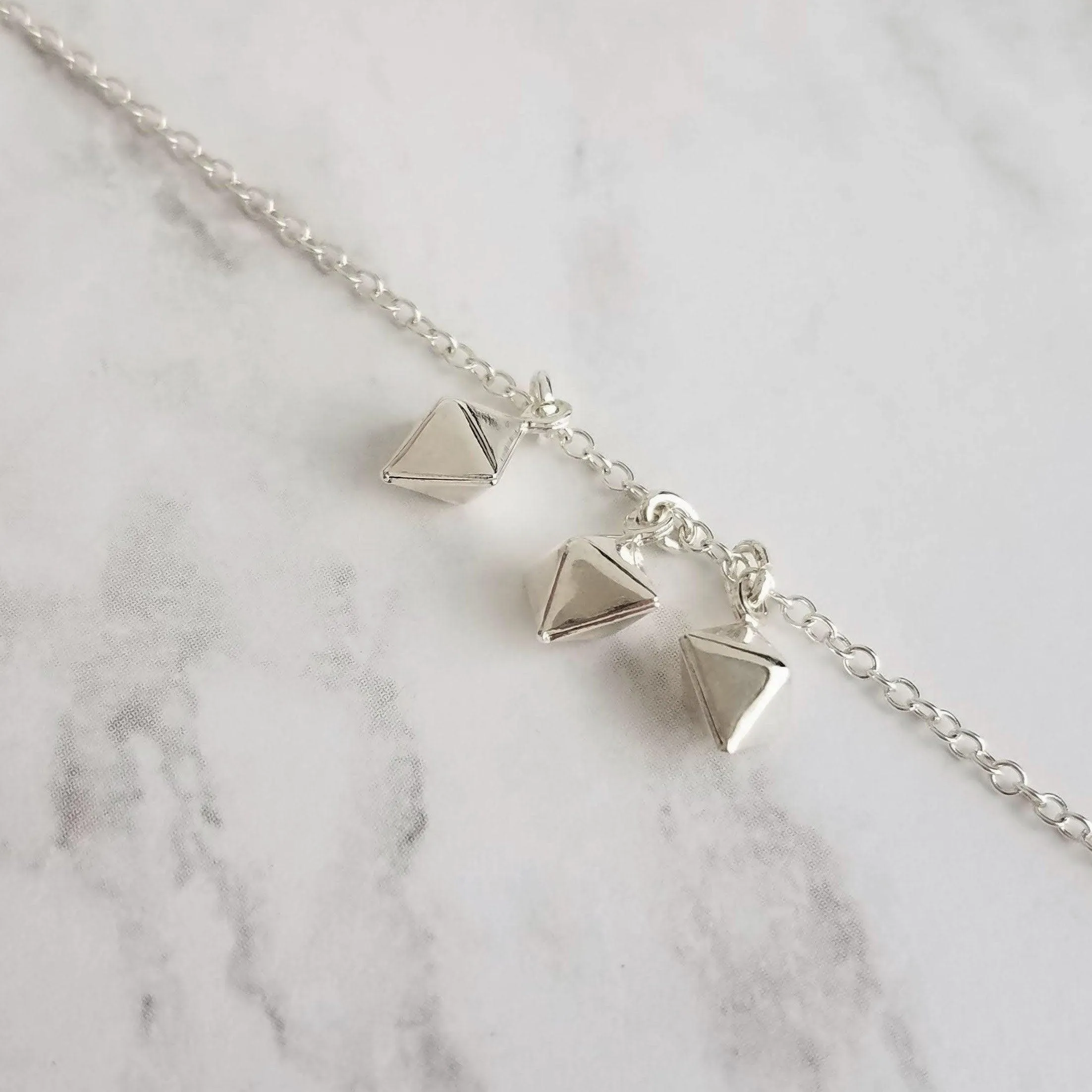 Minimalist Geometric Necklace - silver tiny double pyramid spear charm trio - small octahedron diamond shape charm dangle pendant jewelry