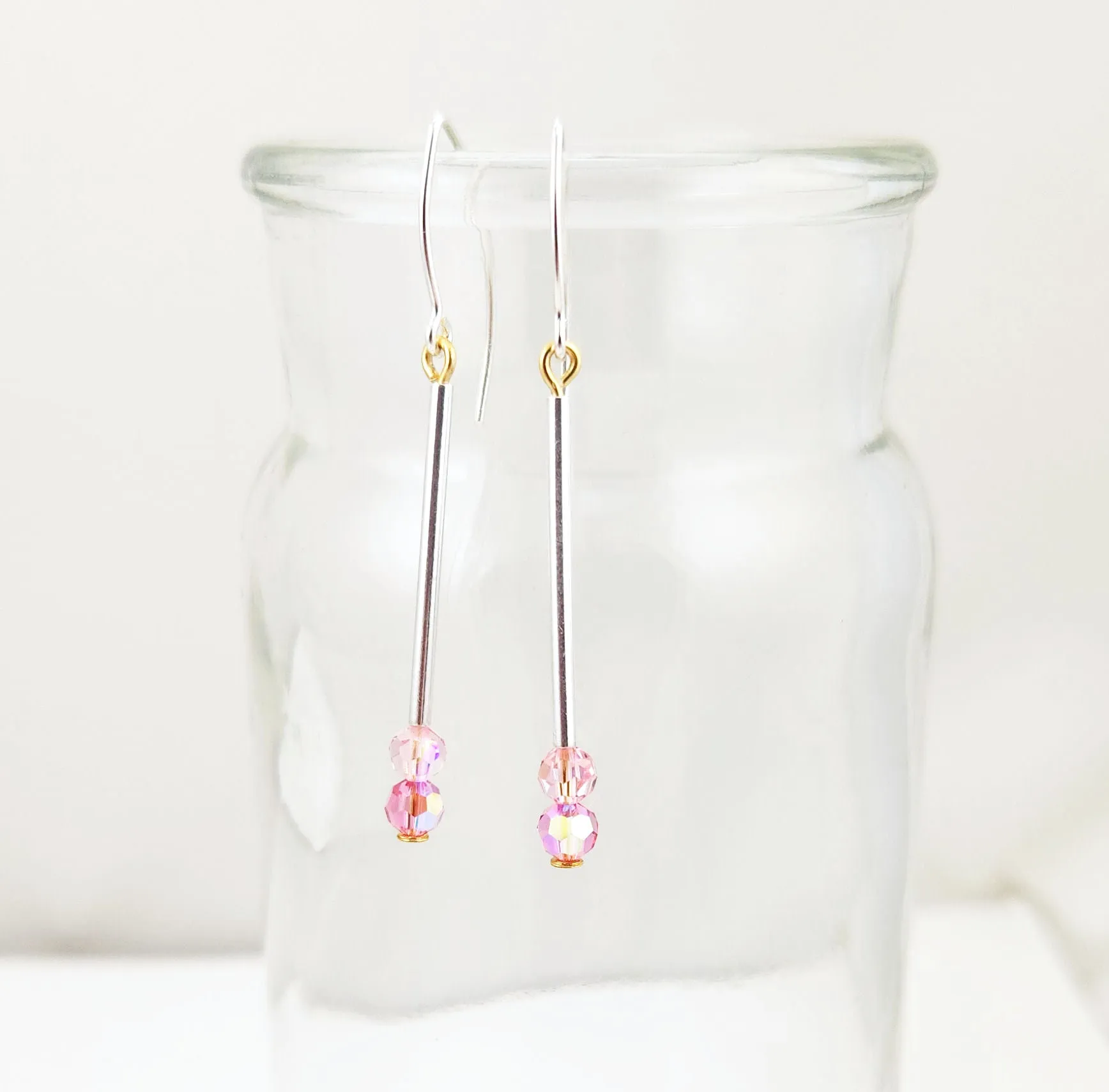 Minimalist Pink Crystal and Sterling Silver Dangle Earrings
