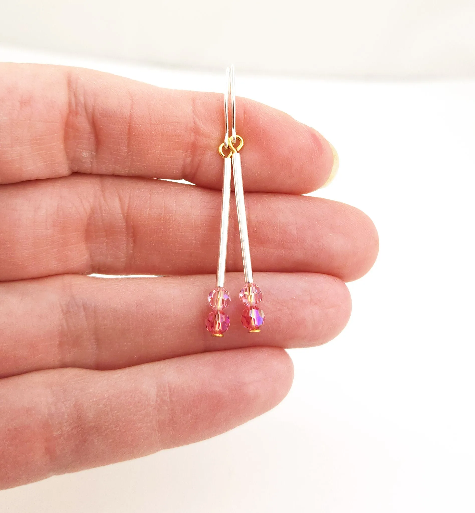 Minimalist Pink Crystal and Sterling Silver Dangle Earrings