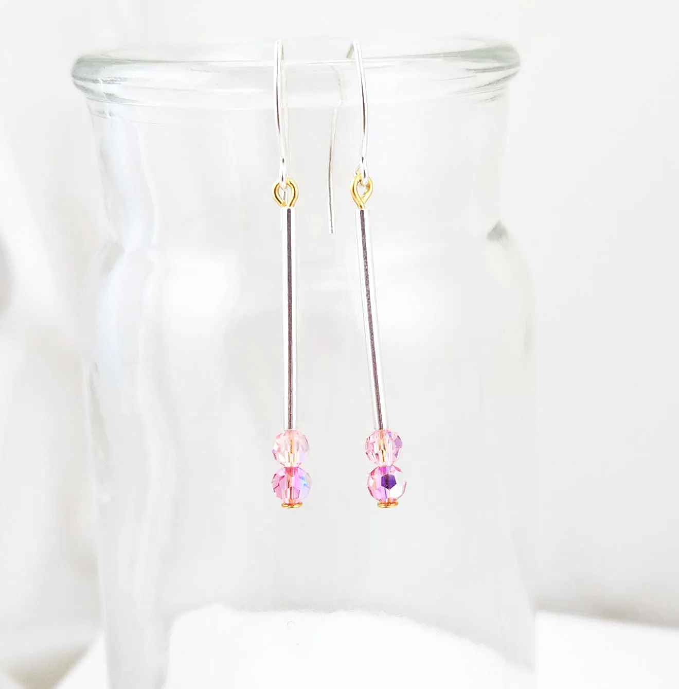 Minimalist Pink Crystal and Sterling Silver Dangle Earrings