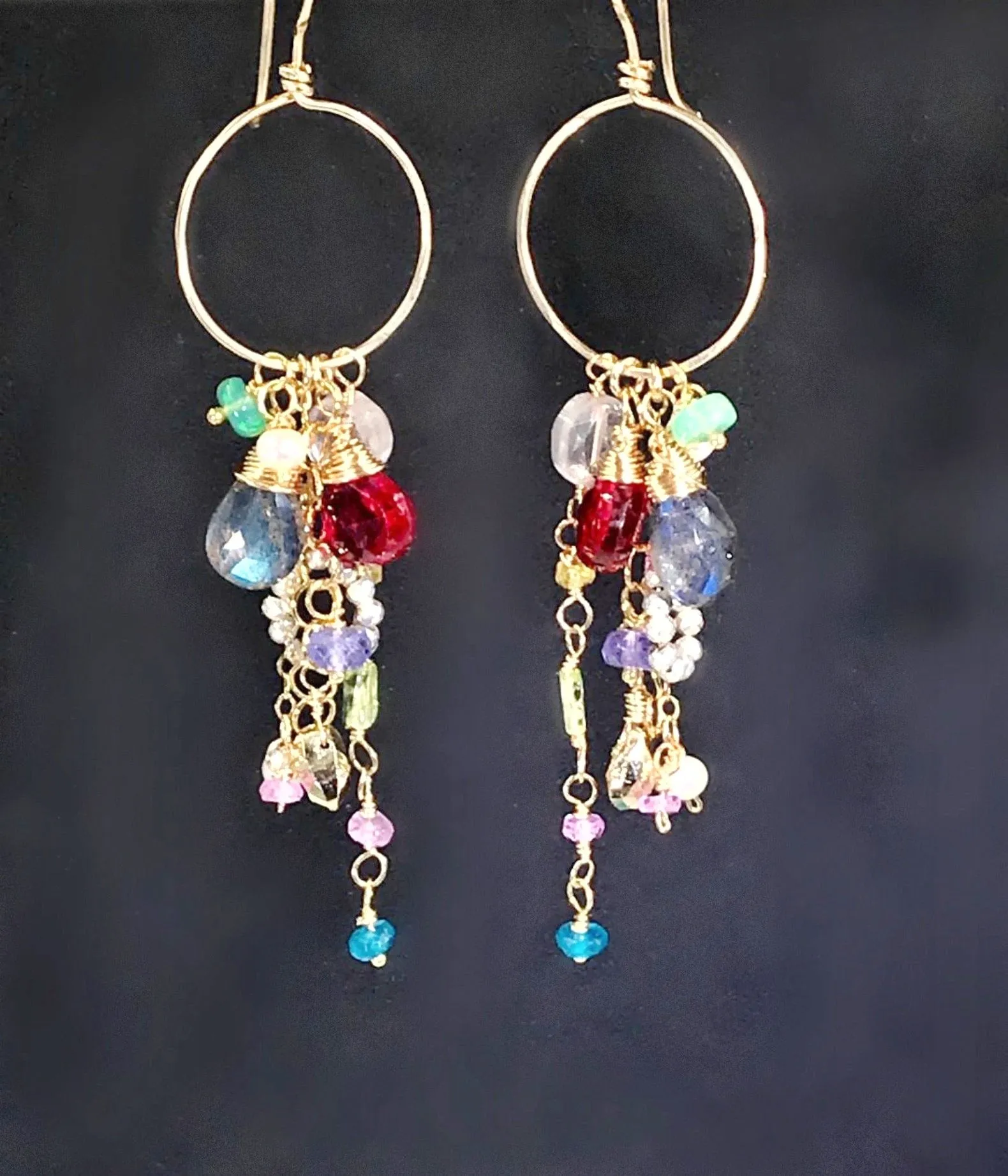 Multi-color Gemstone Dangle Earrings Gold Chain Red Topaz