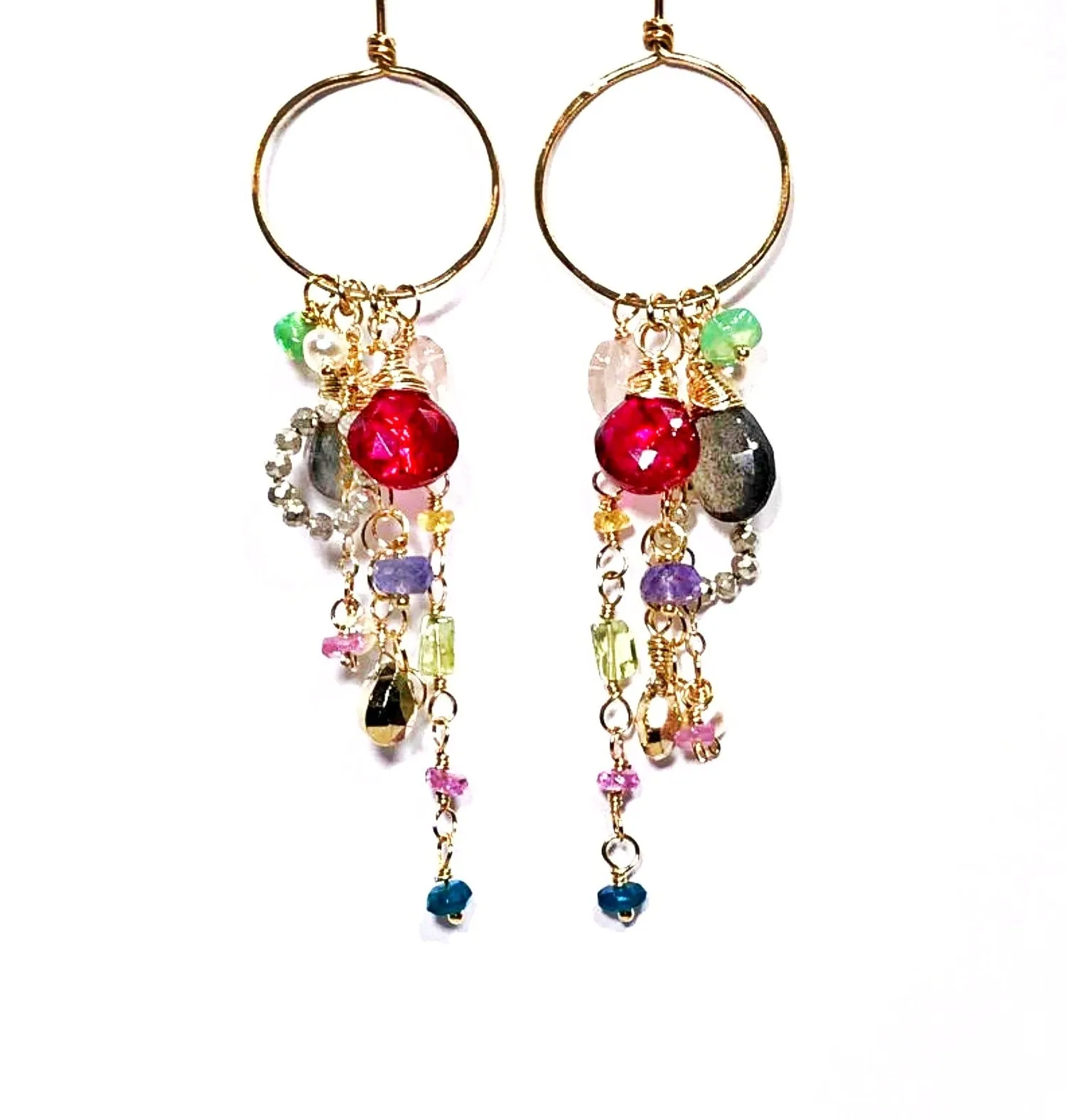 Multi-color Gemstone Dangle Earrings Gold Chain Red Topaz