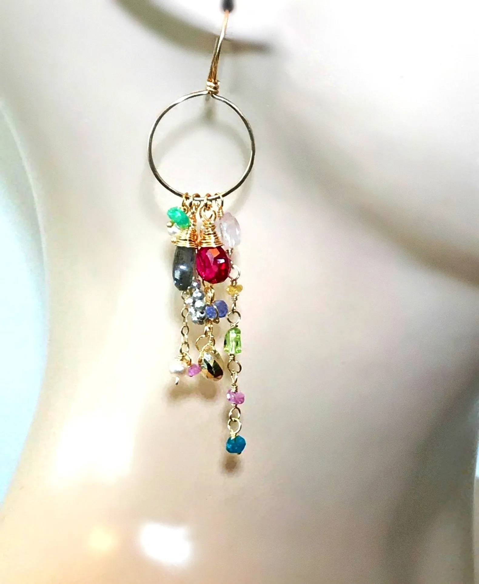 Multi-color Gemstone Dangle Earrings Gold Chain Red Topaz