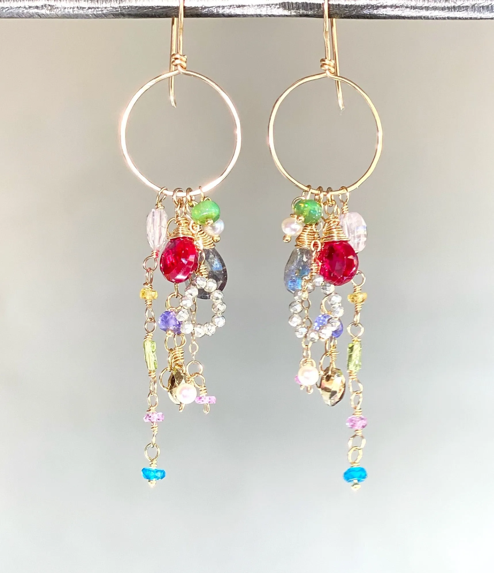 Multi-color Gemstone Dangle Earrings Gold Chain Red Topaz