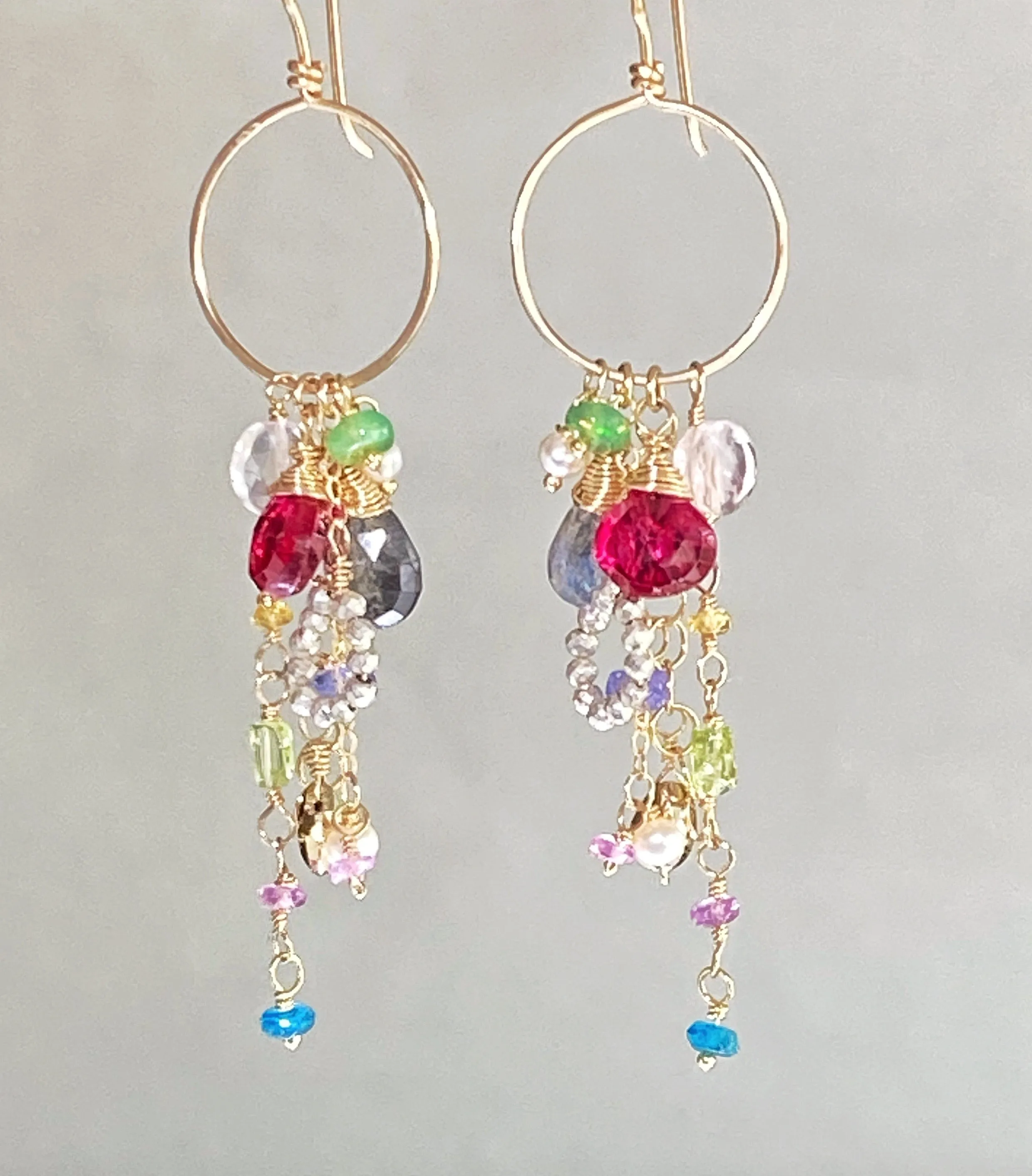 Multi-color Gemstone Dangle Earrings Gold Chain Red Topaz