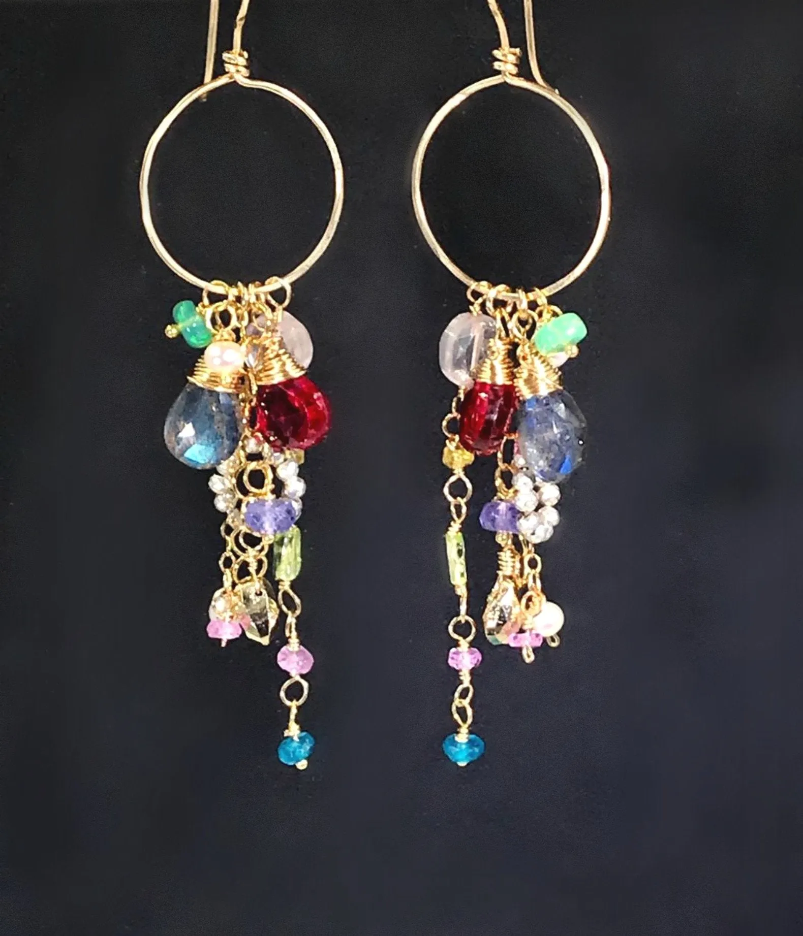 Multi-color Gemstone Dangle Earrings Gold Chain Red Topaz