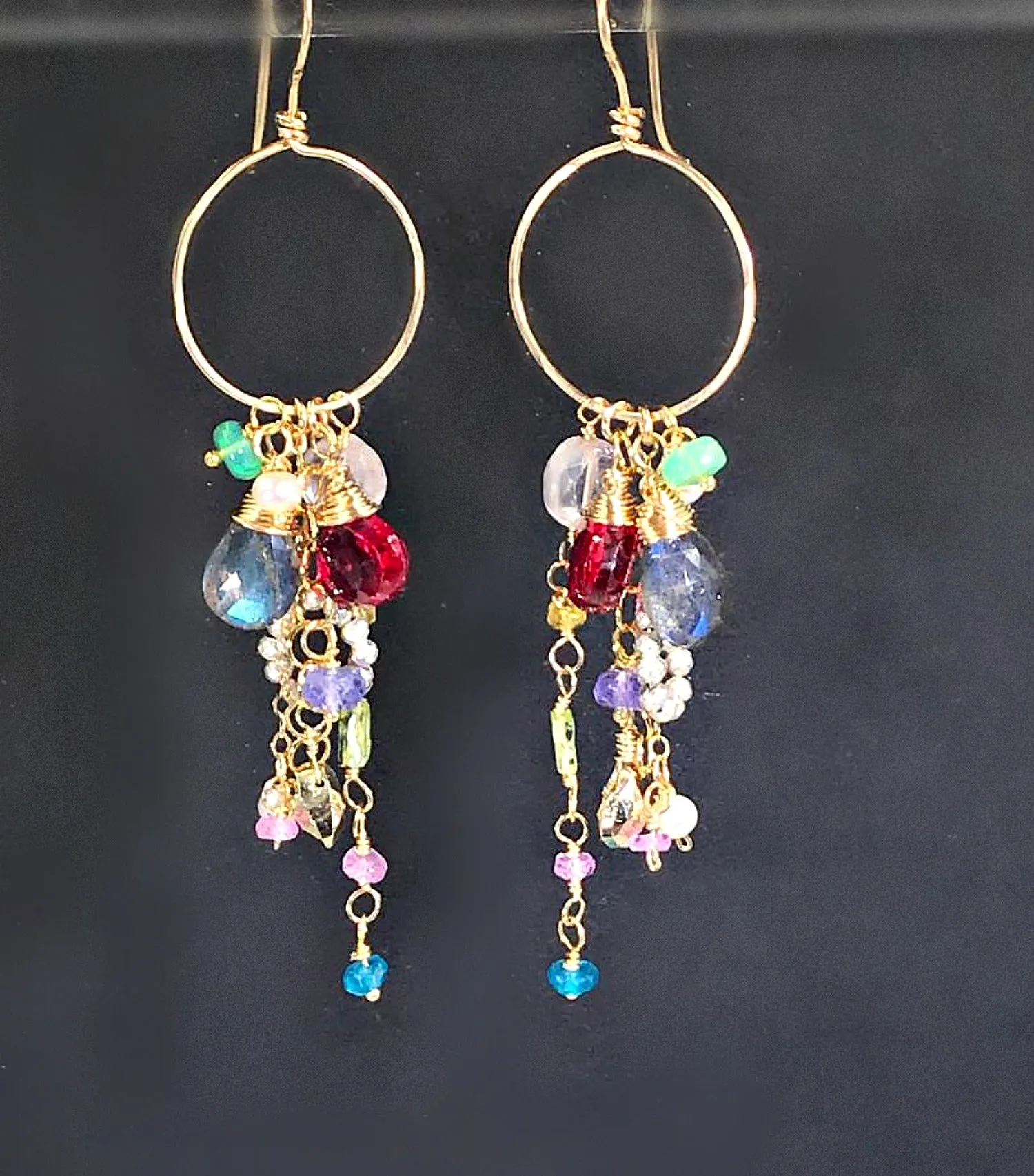 Multi-color Gemstone Dangle Earrings Gold Chain Red Topaz