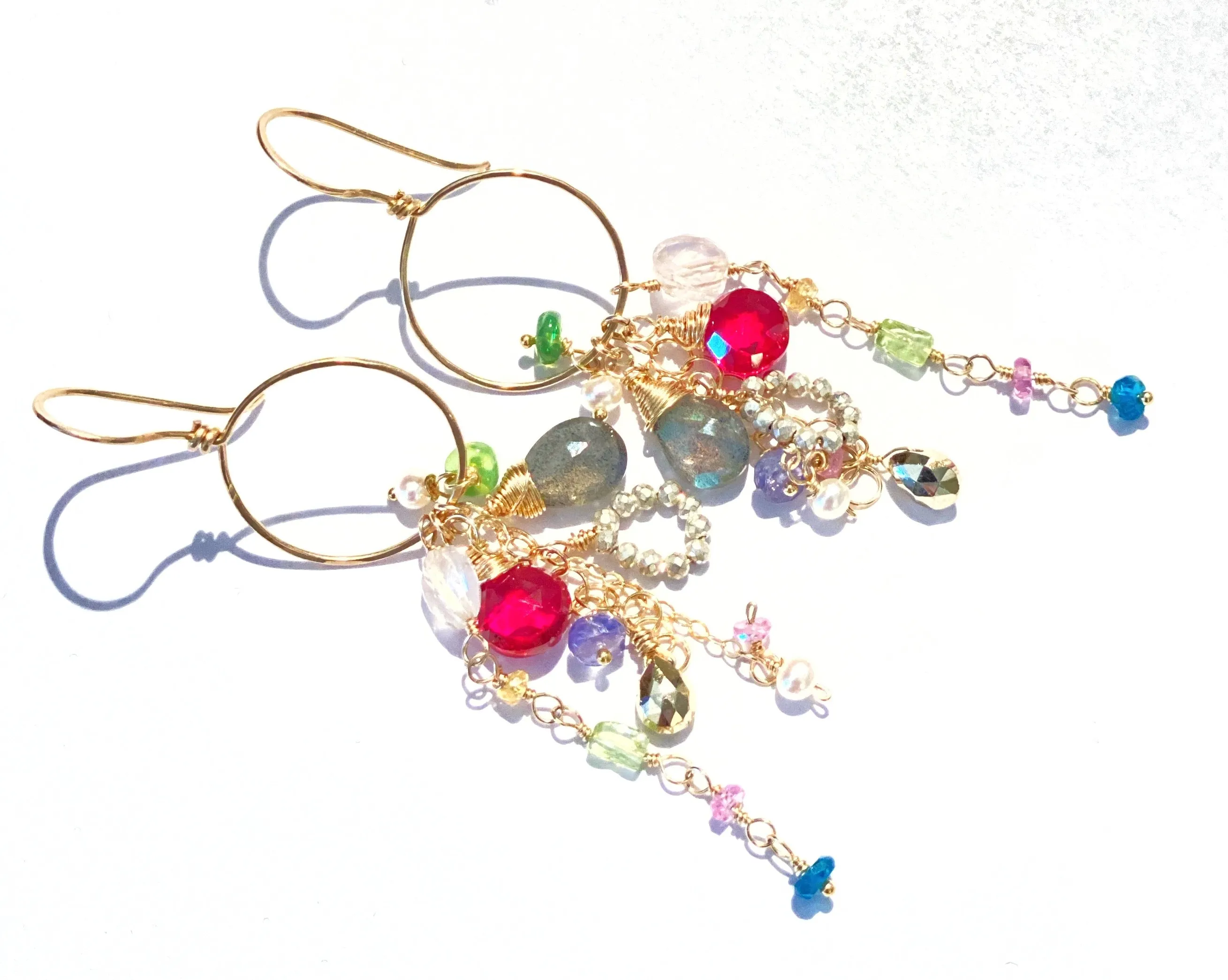Multi-color Gemstone Dangle Earrings Gold Chain Red Topaz