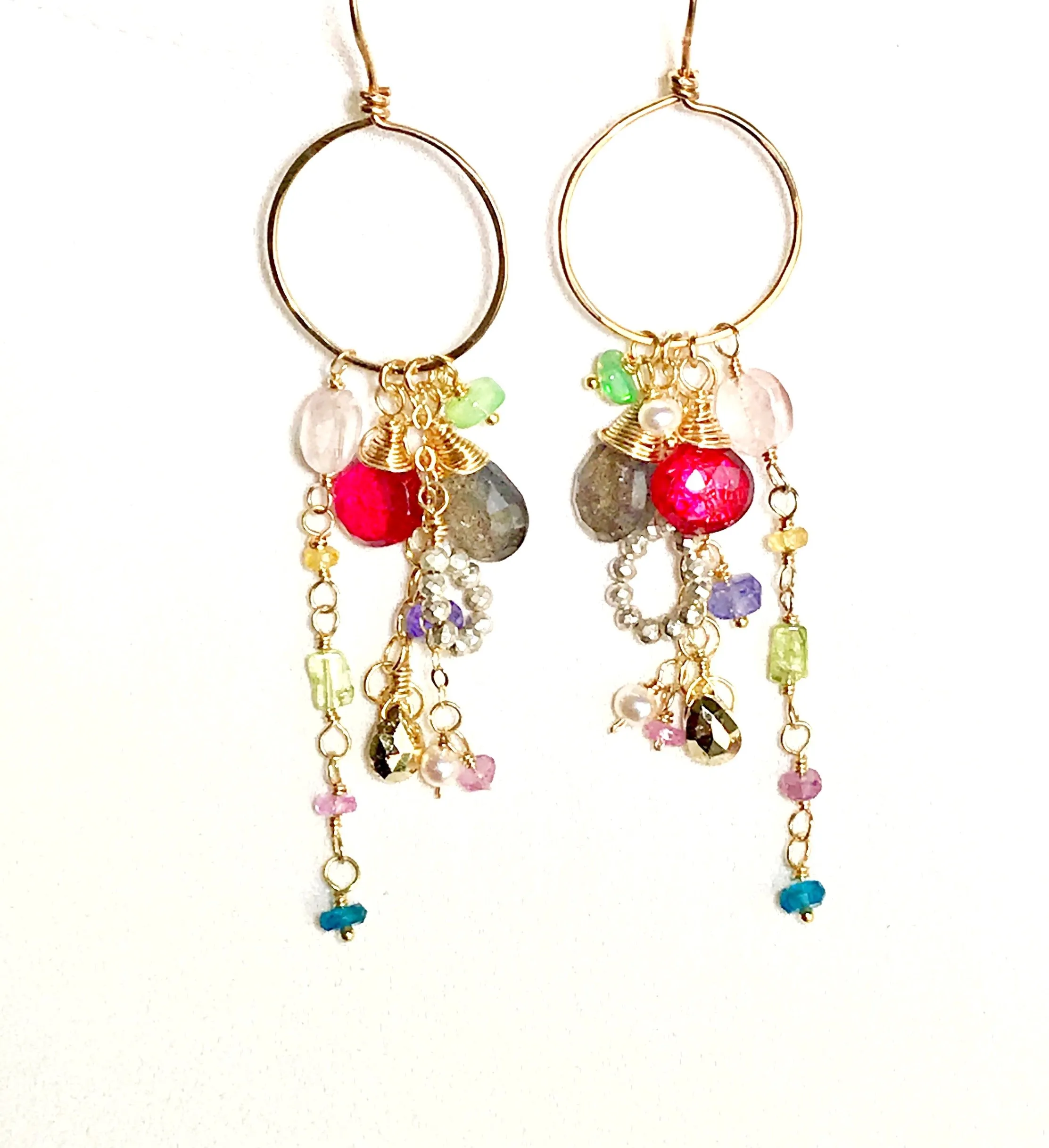 Multi-color Gemstone Dangle Earrings Gold Chain Red Topaz