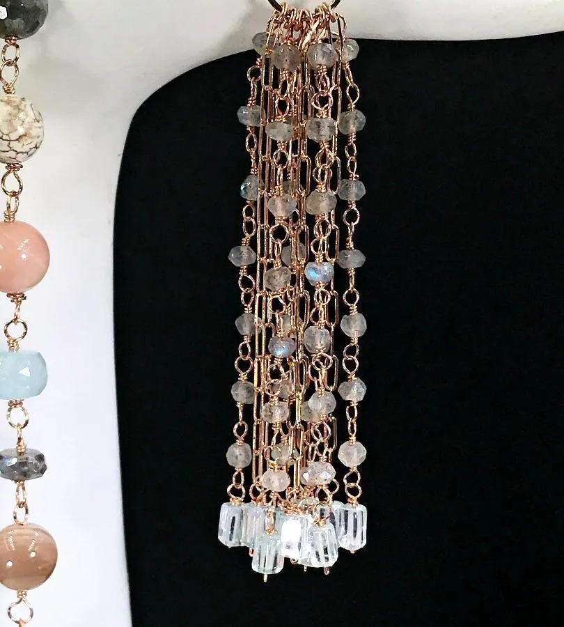 Multi-stone Long Tassel Rose Gold Necklace