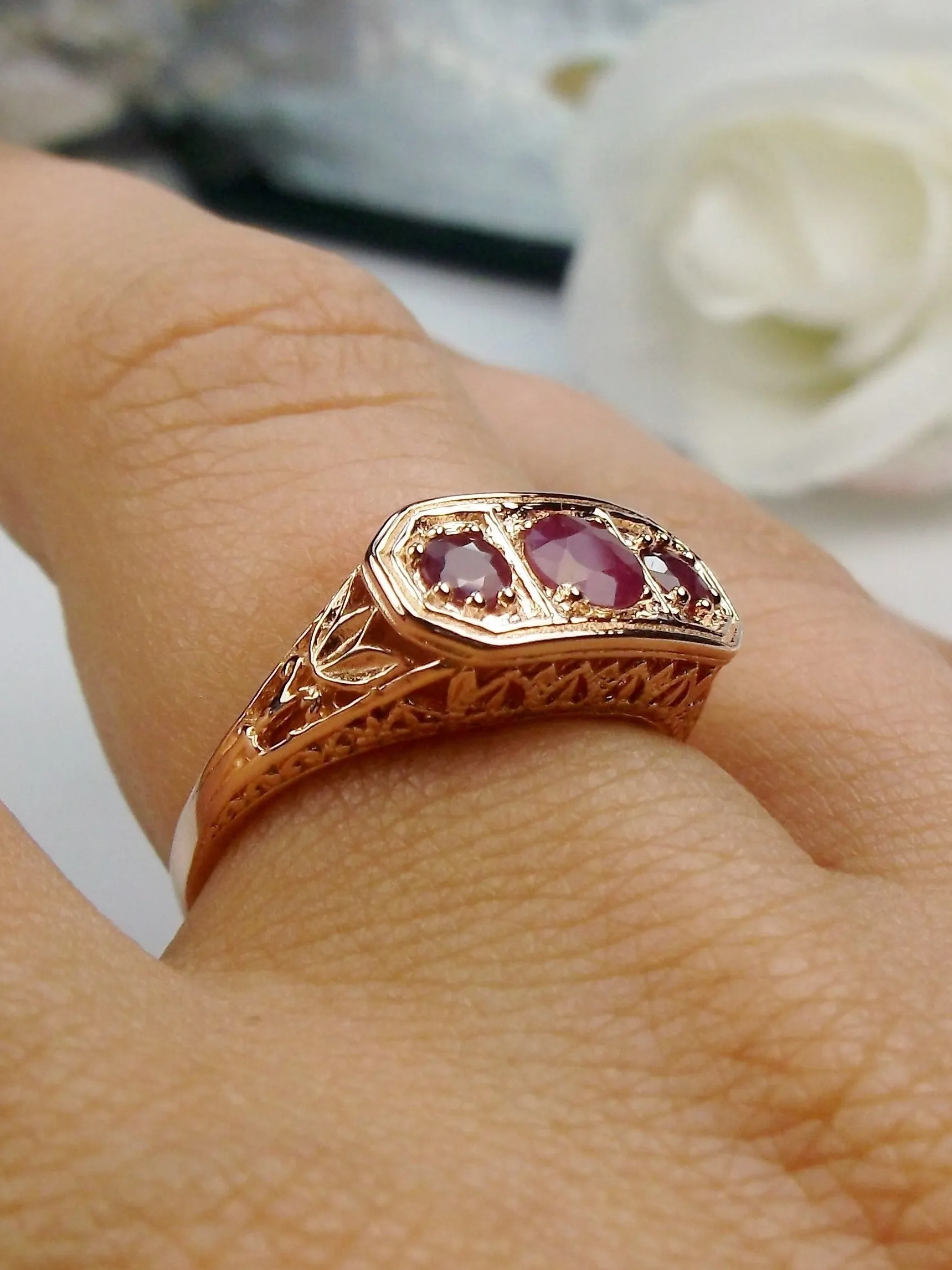 Natural Ruby Ring, Rose Gold plated Sterling Silver Lily Leaf Filigree, Edwardian Jewelry #D197