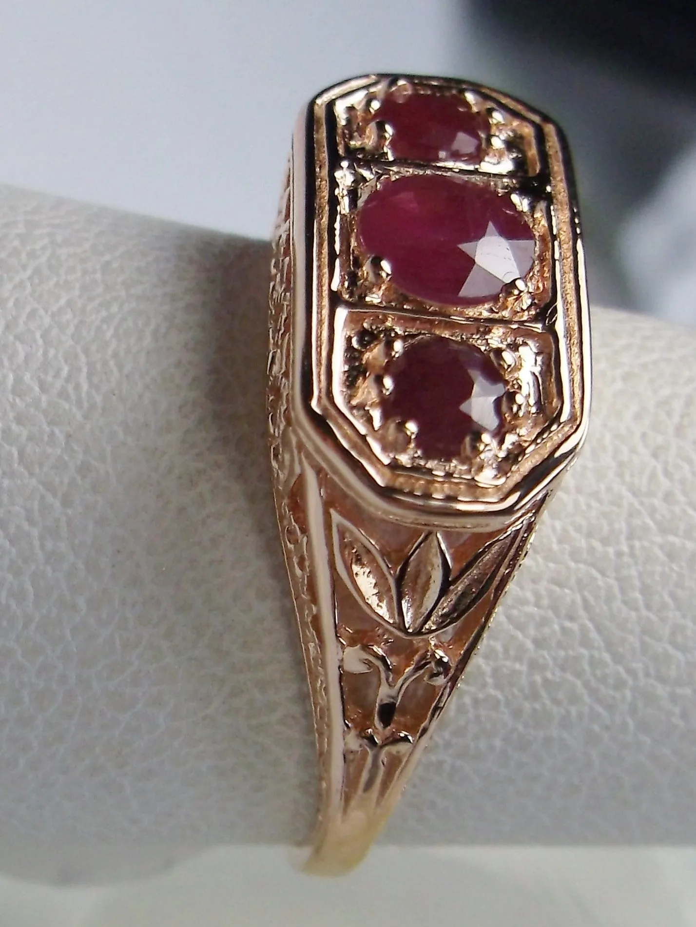 Natural Ruby Ring, Rose Gold plated Sterling Silver Lily Leaf Filigree, Edwardian Jewelry #D197