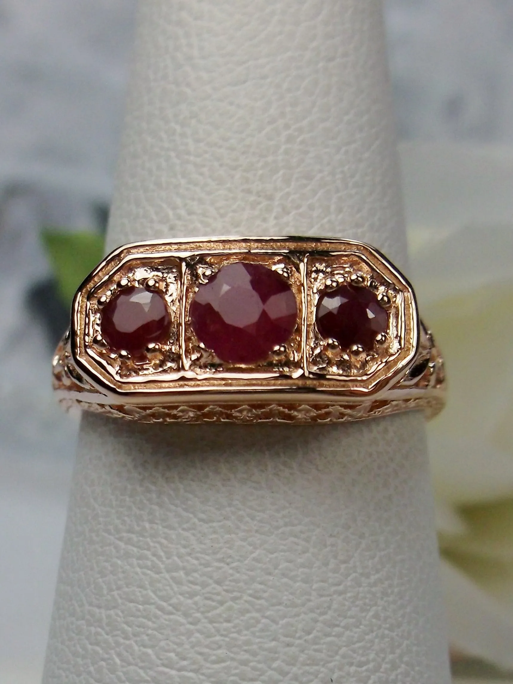 Natural Ruby Ring, Rose Gold plated Sterling Silver Lily Leaf Filigree, Edwardian Jewelry #D197
