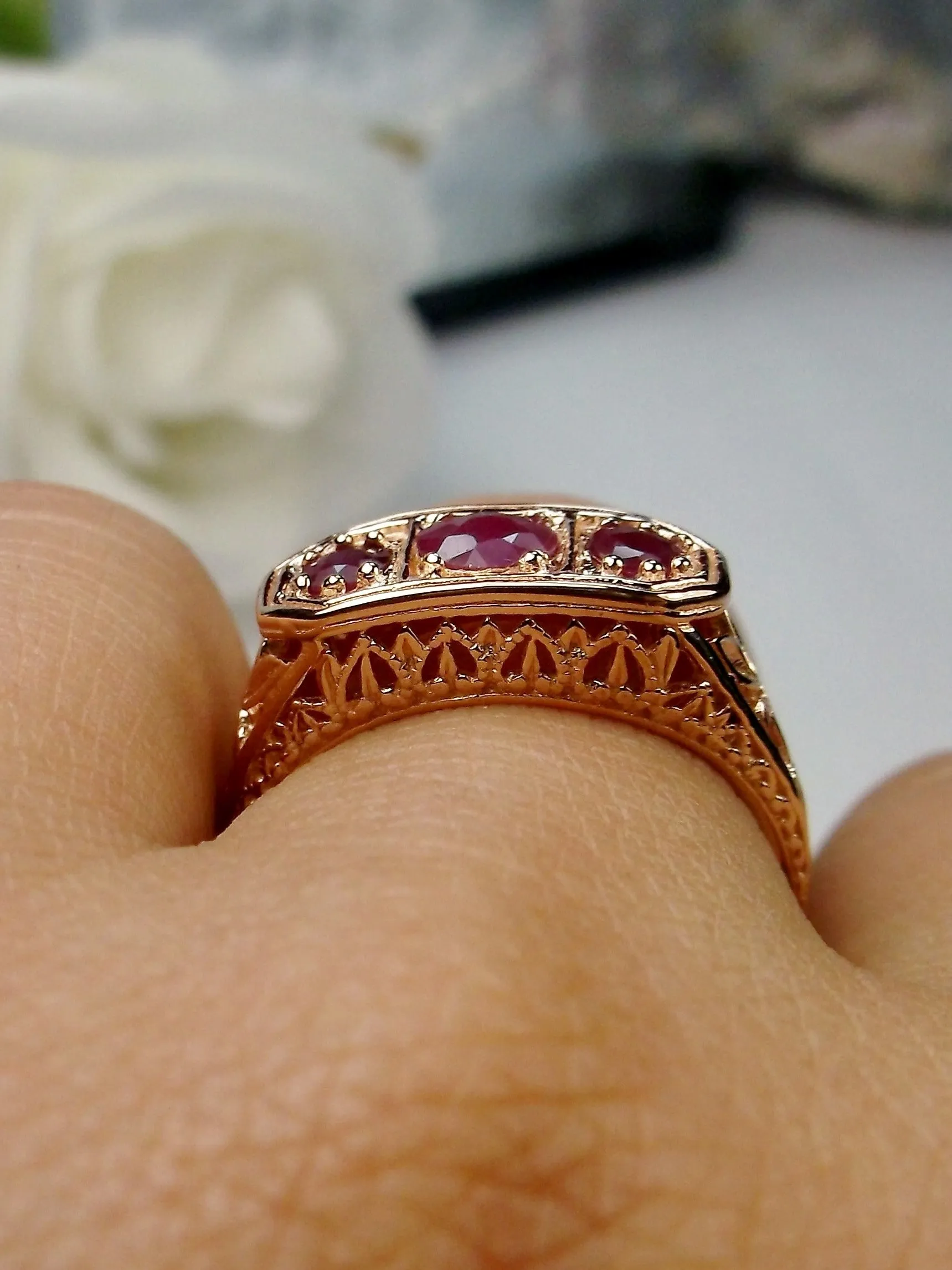 Natural Ruby Ring, Rose Gold plated Sterling Silver Lily Leaf Filigree, Edwardian Jewelry #D197