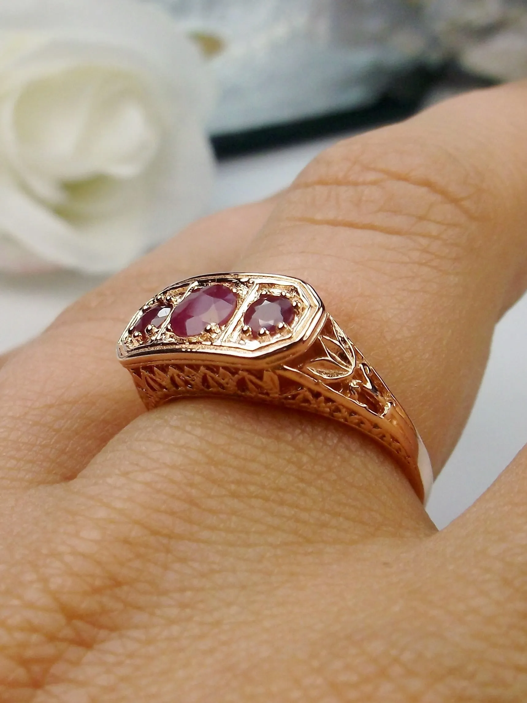 Natural Ruby Ring, Rose Gold plated Sterling Silver Lily Leaf Filigree, Edwardian Jewelry #D197