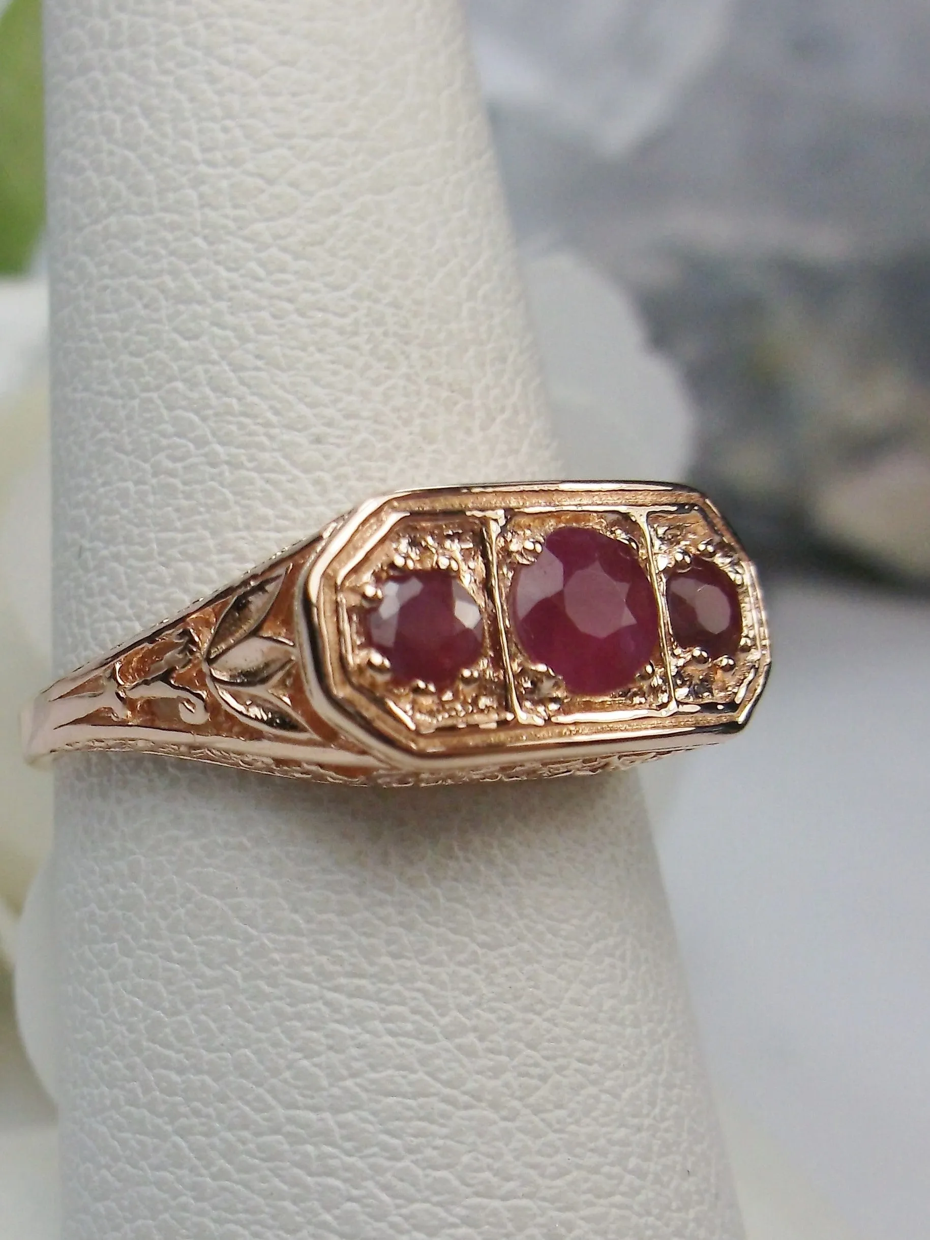 Natural Ruby Ring, Rose Gold plated Sterling Silver Lily Leaf Filigree, Edwardian Jewelry #D197