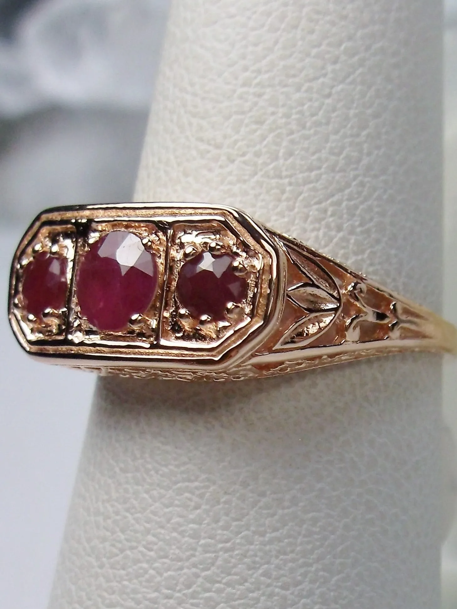 Natural Ruby Ring, Rose Gold plated Sterling Silver Lily Leaf Filigree, Edwardian Jewelry #D197