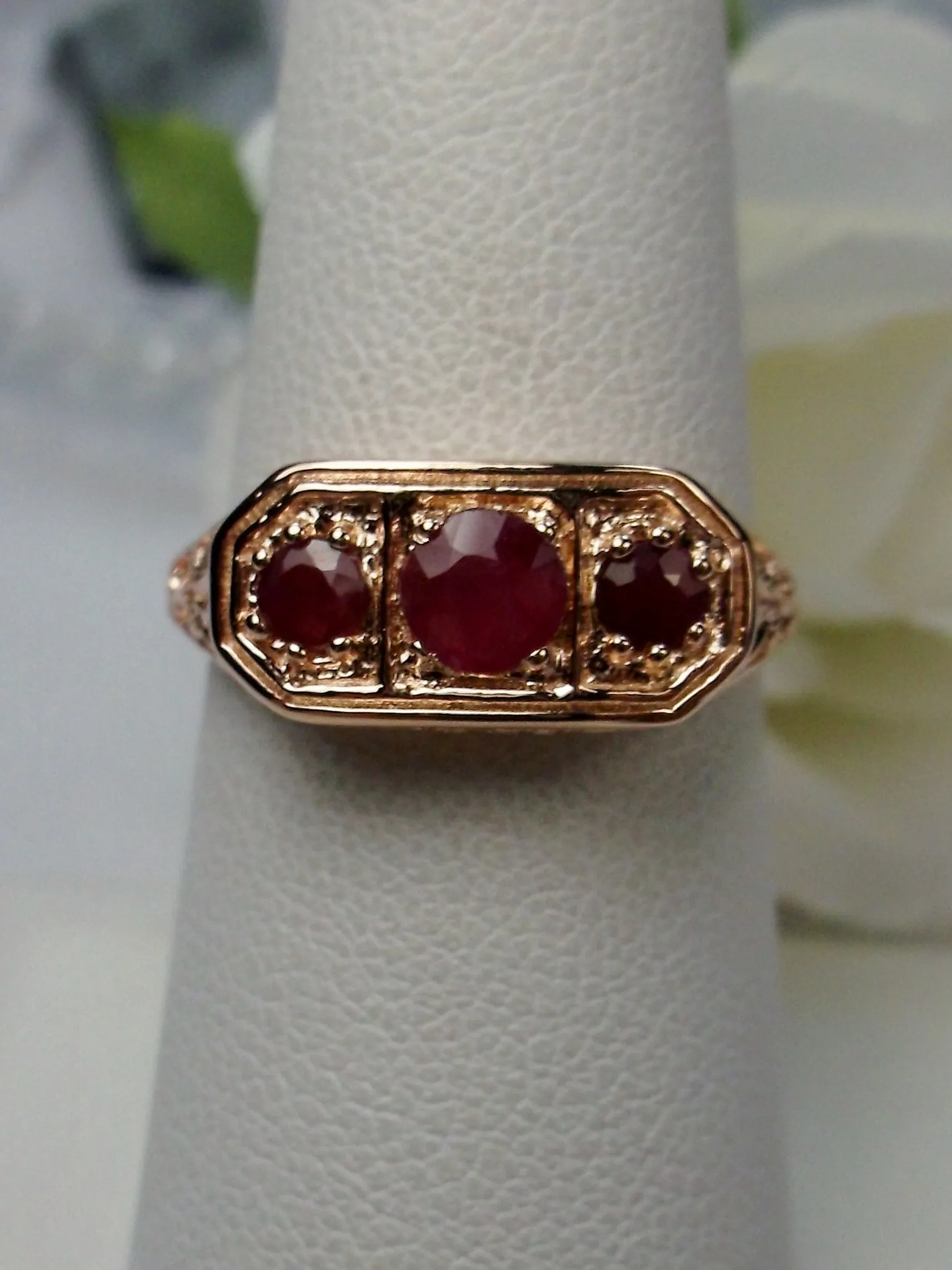 Natural Ruby Ring, Rose Gold plated Sterling Silver Lily Leaf Filigree, Edwardian Jewelry #D197