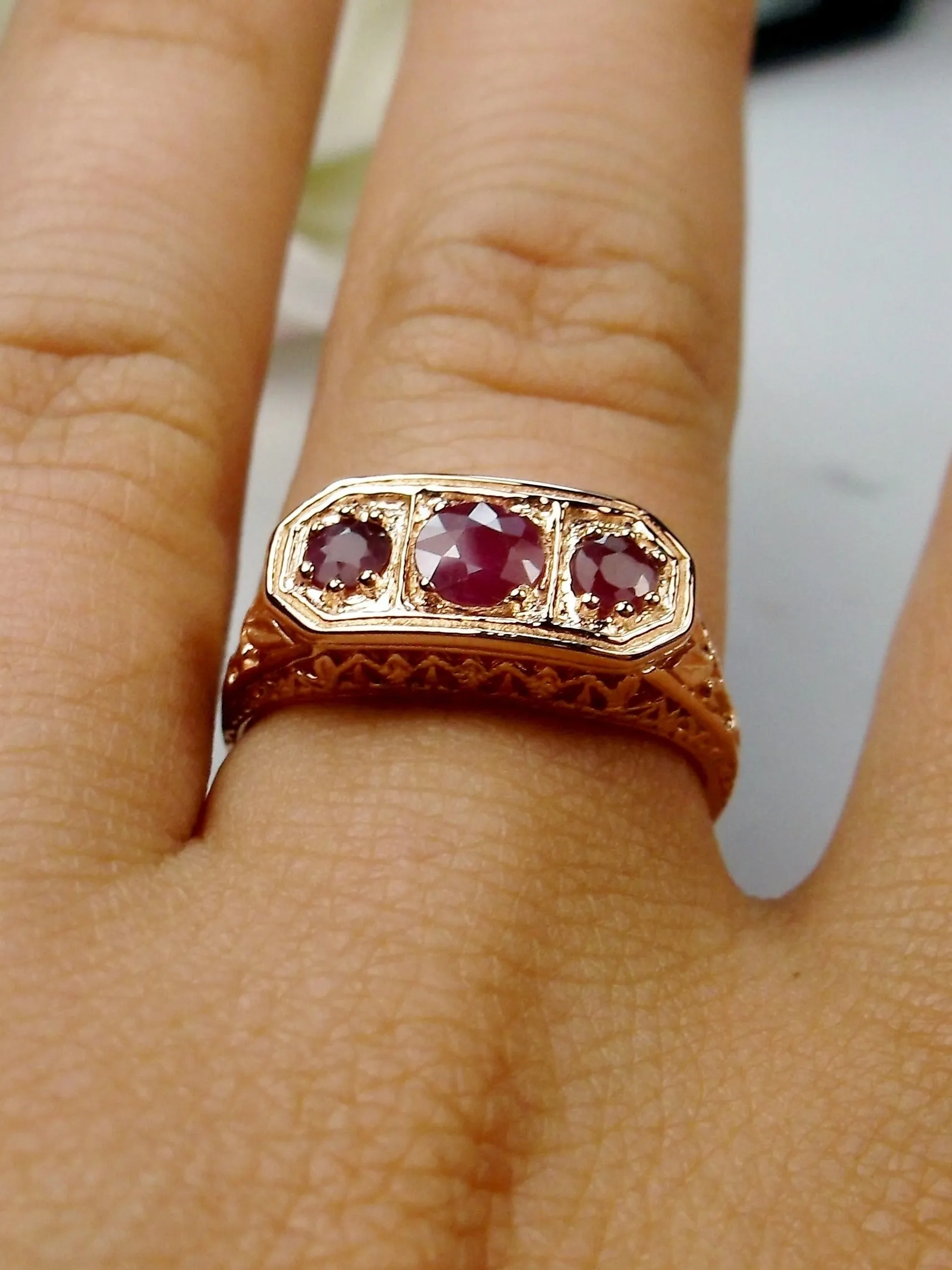 Natural Ruby Ring, Rose Gold plated Sterling Silver Lily Leaf Filigree, Edwardian Jewelry #D197