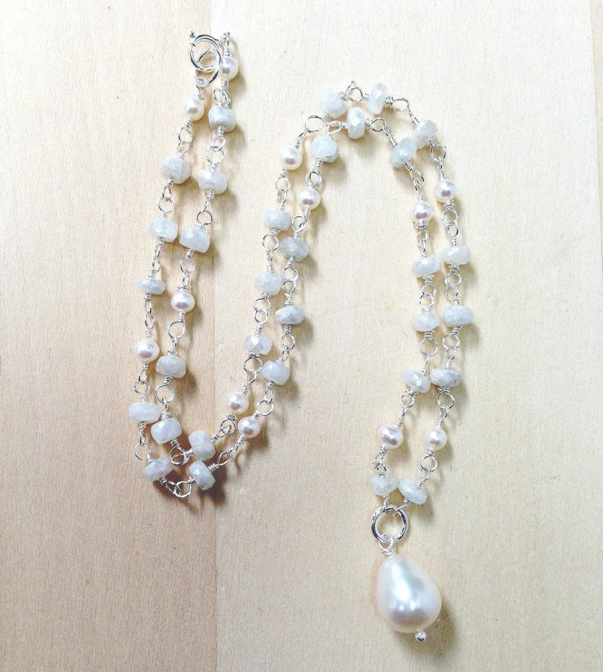 Pearl and White Sapphire Rosary Style Pendant Necklace, Sterling Silver