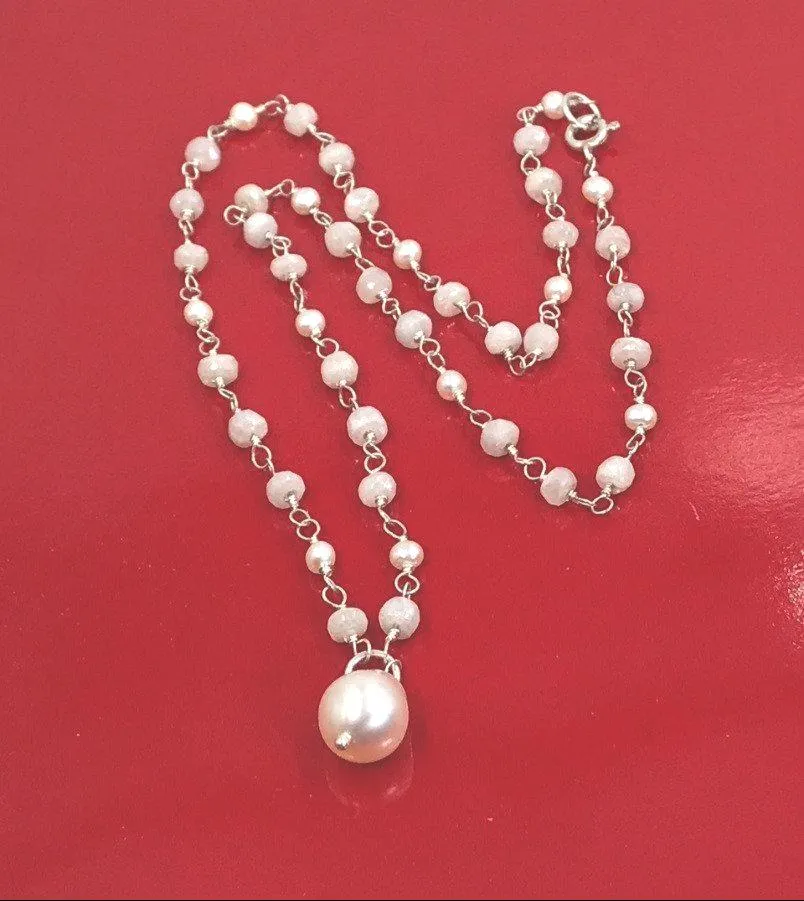 Pearl and White Sapphire Rosary Style Pendant Necklace, Sterling Silver
