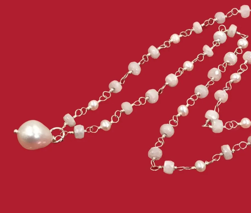 Pearl and White Sapphire Rosary Style Pendant Necklace, Sterling Silver