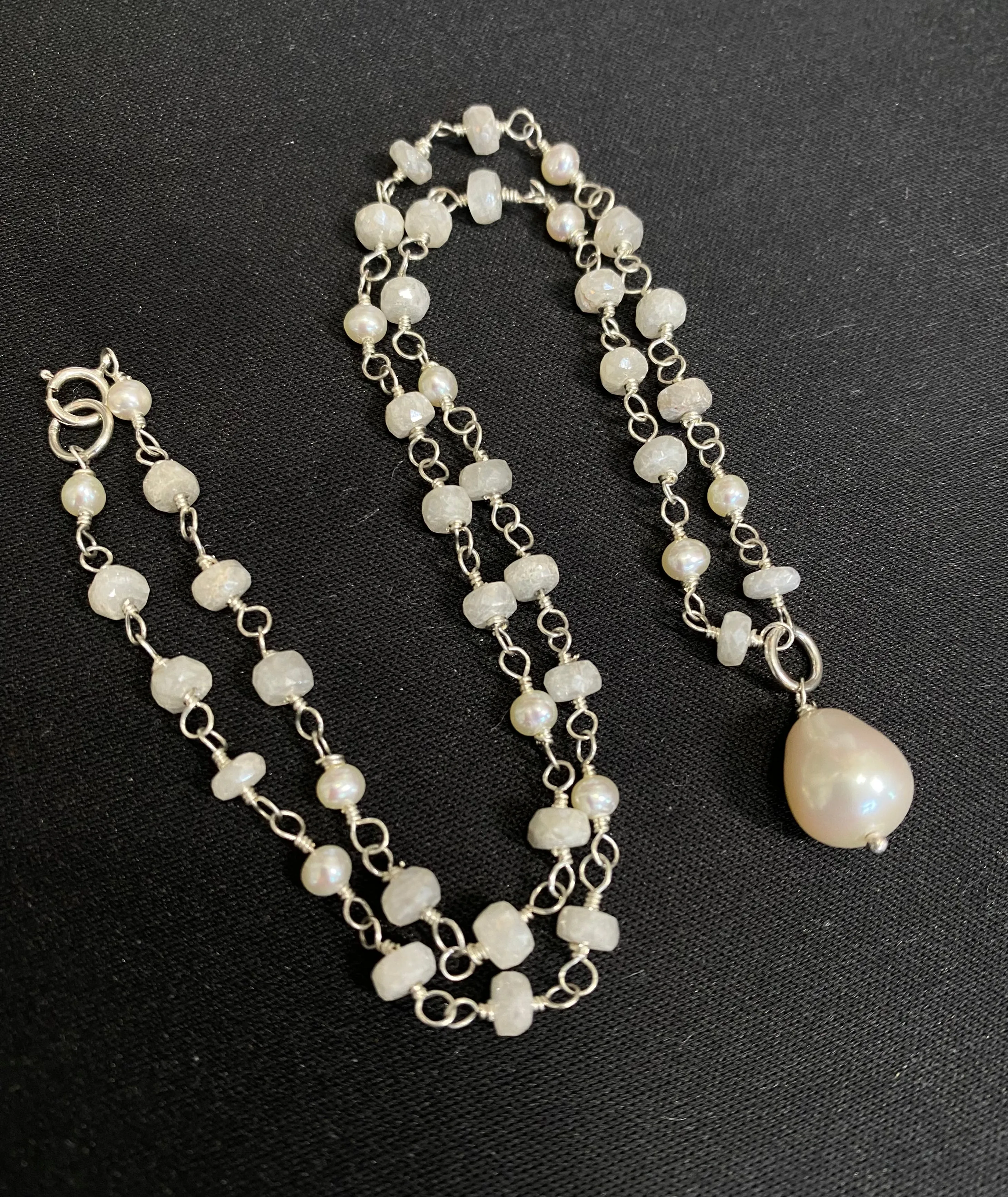 Pearl and White Sapphire Rosary Style Pendant Necklace, Sterling Silver
