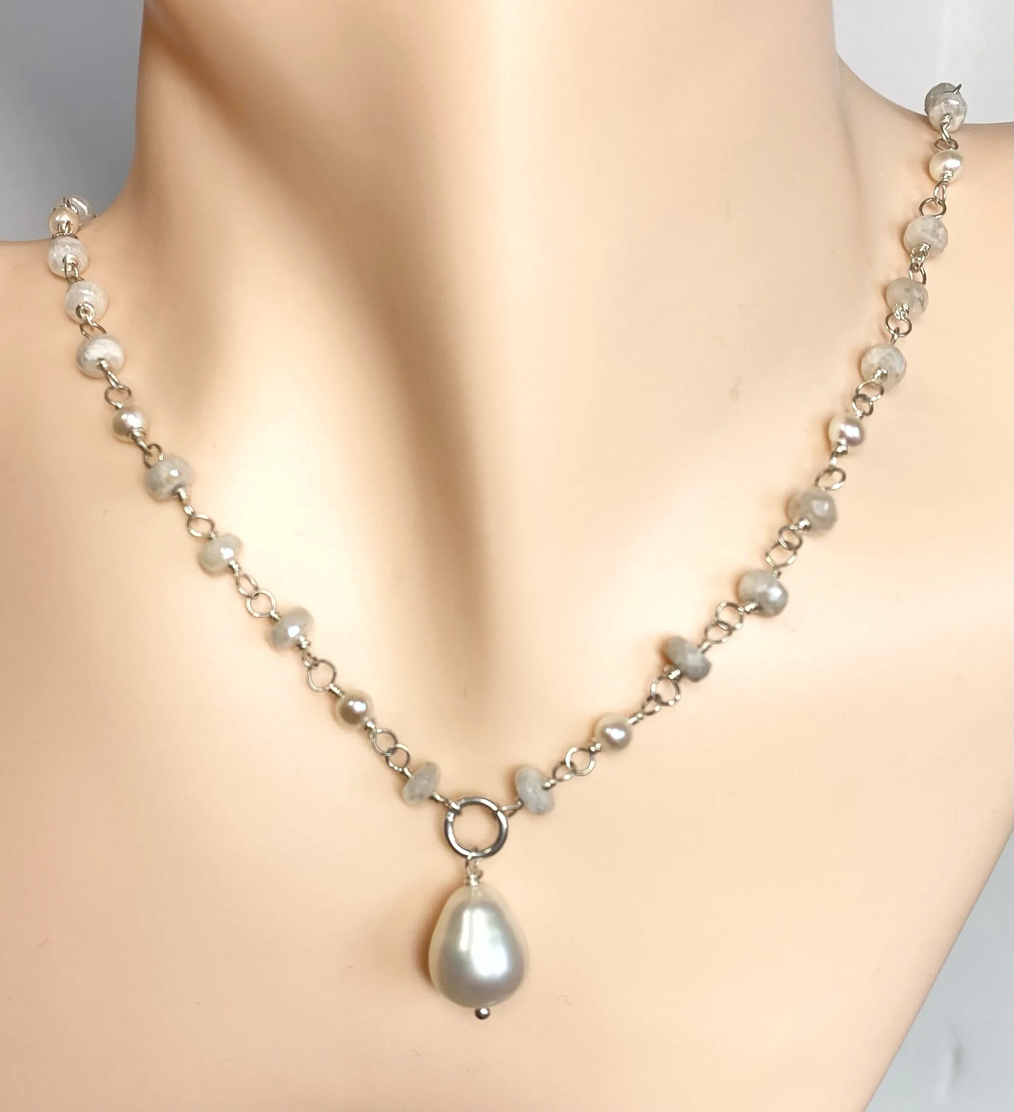 Pearl and White Sapphire Rosary Style Pendant Necklace, Sterling Silver