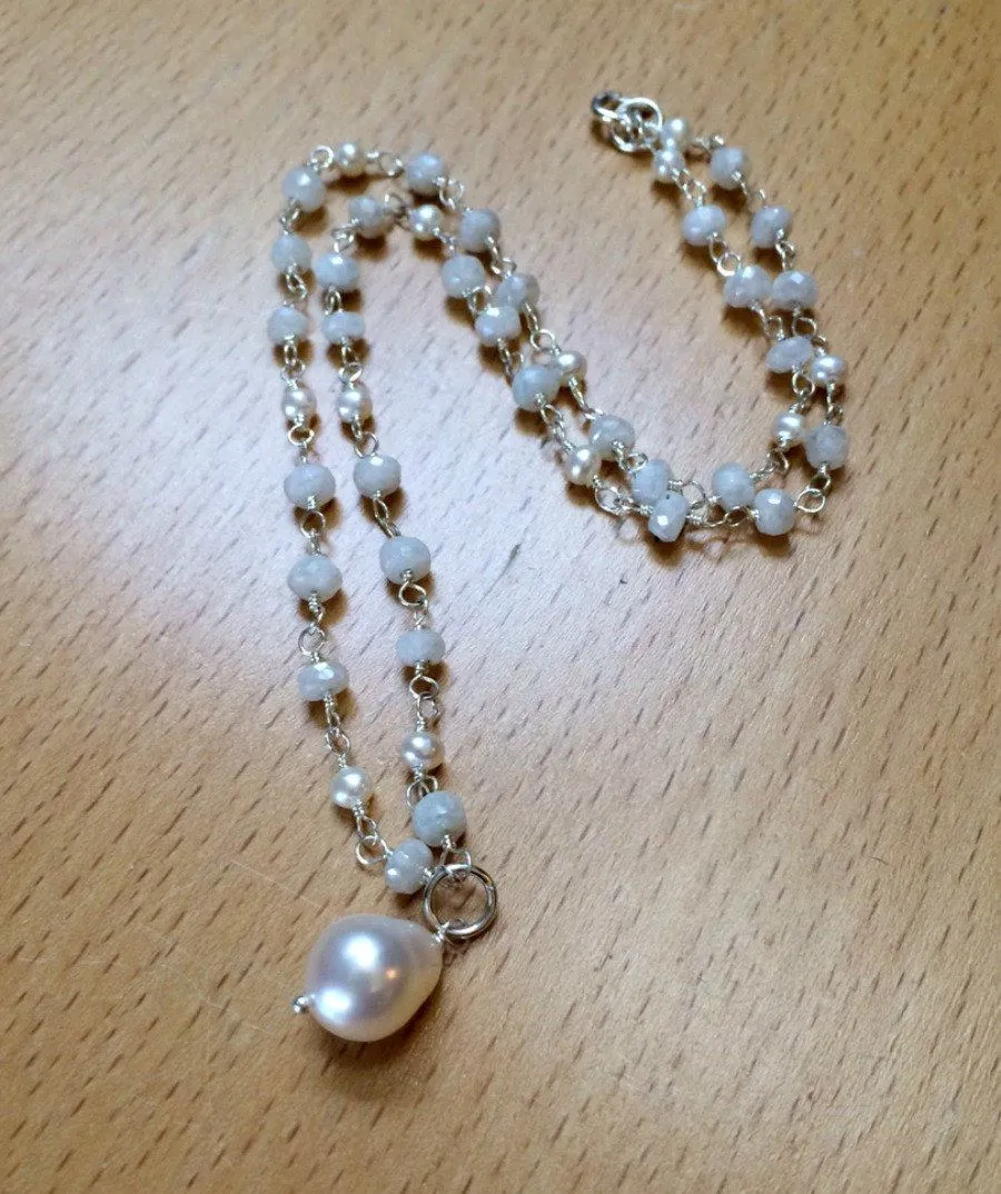 Pearl and White Sapphire Rosary Style Pendant Necklace, Sterling Silver