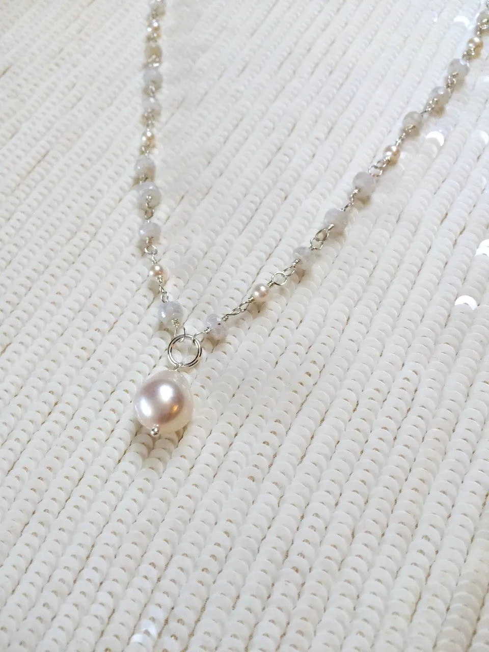 Pearl and White Sapphire Rosary Style Pendant Necklace, Sterling Silver