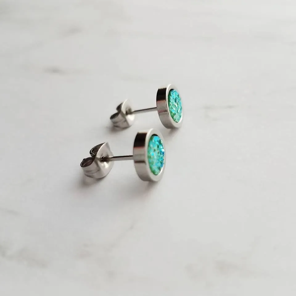 Peridot Green Stud Earrings - opalescent faux druzy stone - simple round rough jagged rock - tiny hypoallergenic stainless steel post drusy