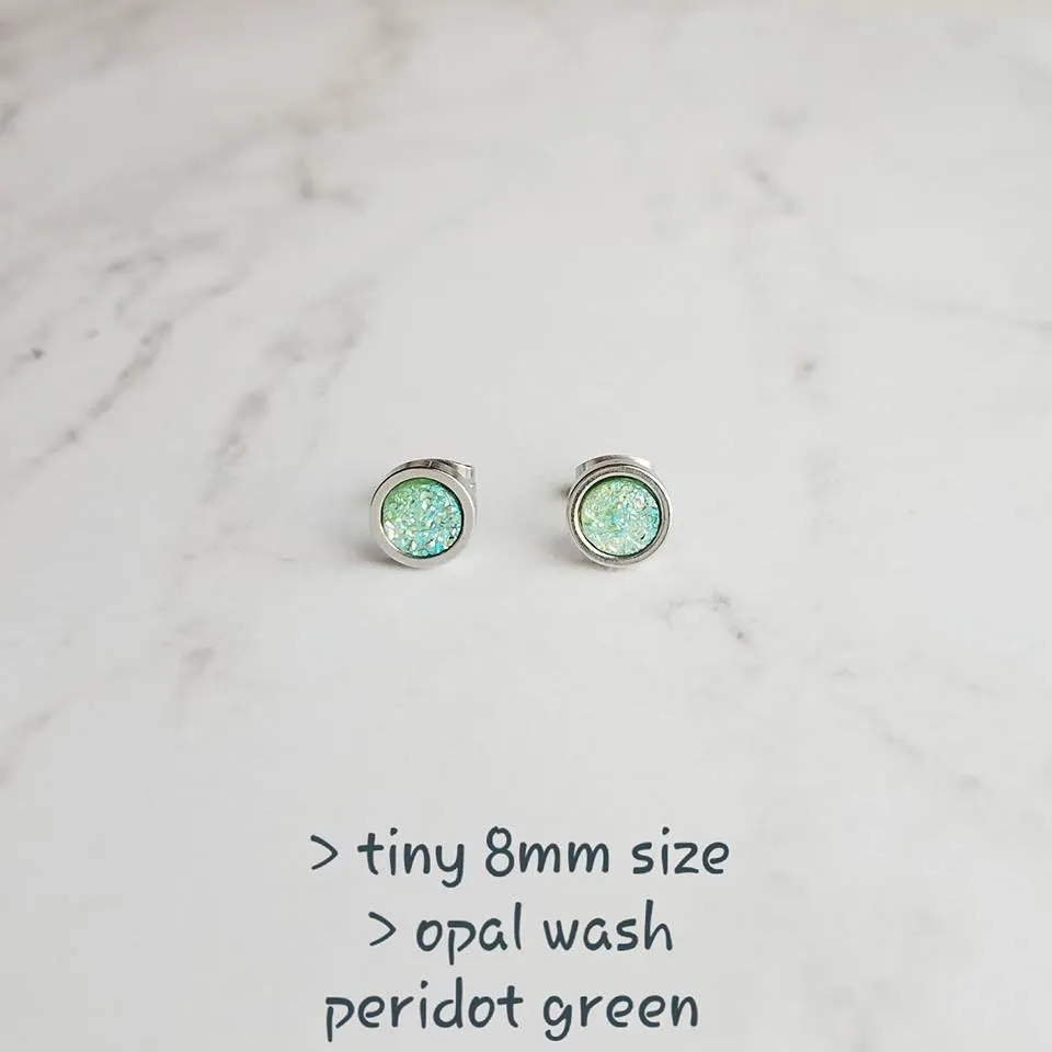 Peridot Green Stud Earrings - opalescent faux druzy stone - simple round rough jagged rock - tiny hypoallergenic stainless steel post drusy