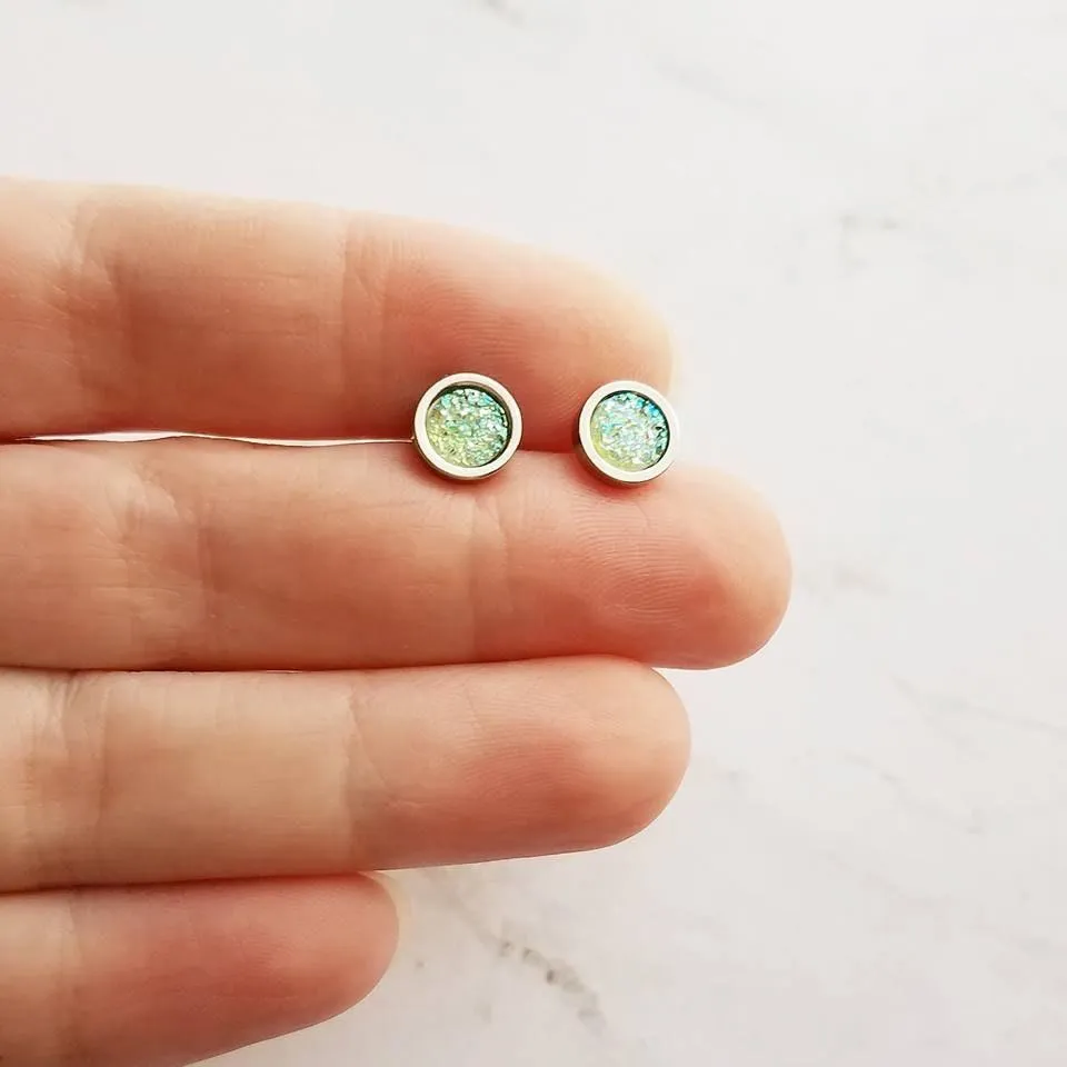 Peridot Green Stud Earrings - opalescent faux druzy stone - simple round rough jagged rock - tiny hypoallergenic stainless steel post drusy