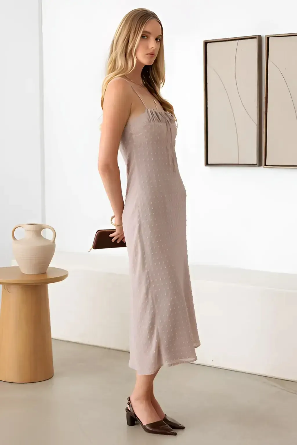 POLKA DOT SPAGHETTI STRAP MIDI DRESS