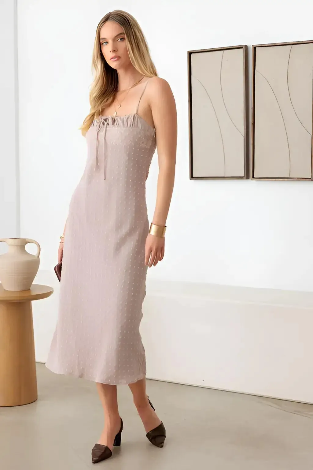 POLKA DOT SPAGHETTI STRAP MIDI DRESS